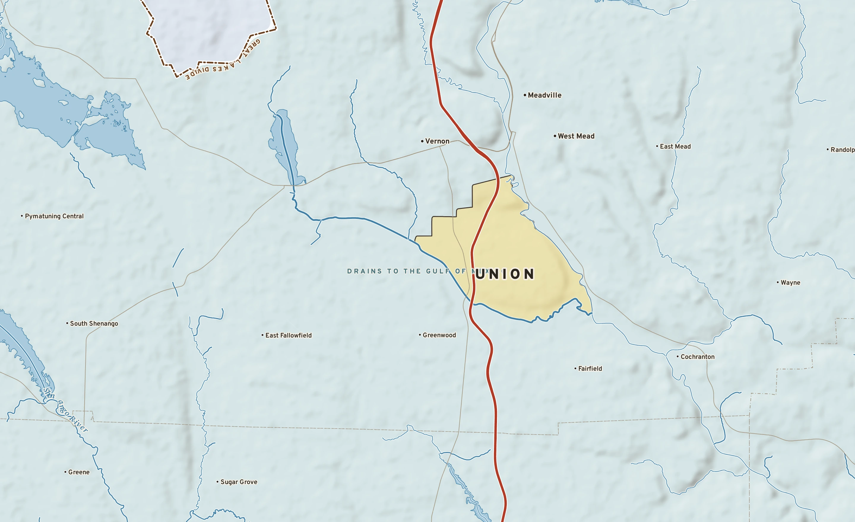 Shaded-relief atlas plate of Union, Pennsylvania: rivers, roads, the city limits and where the water drains.