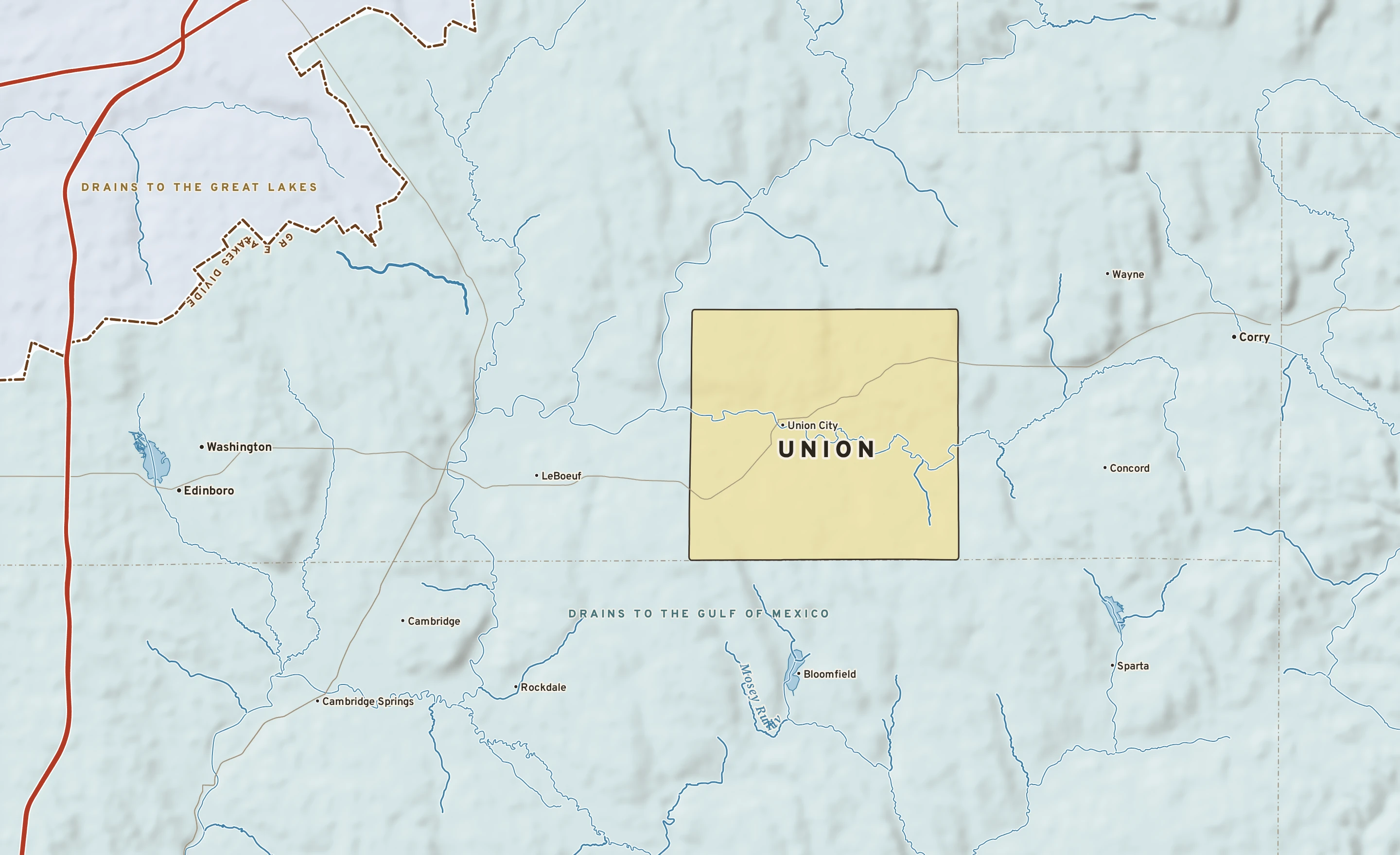 Shaded-relief atlas plate of Union, Pennsylvania: rivers, roads, the city limits and where the water drains.