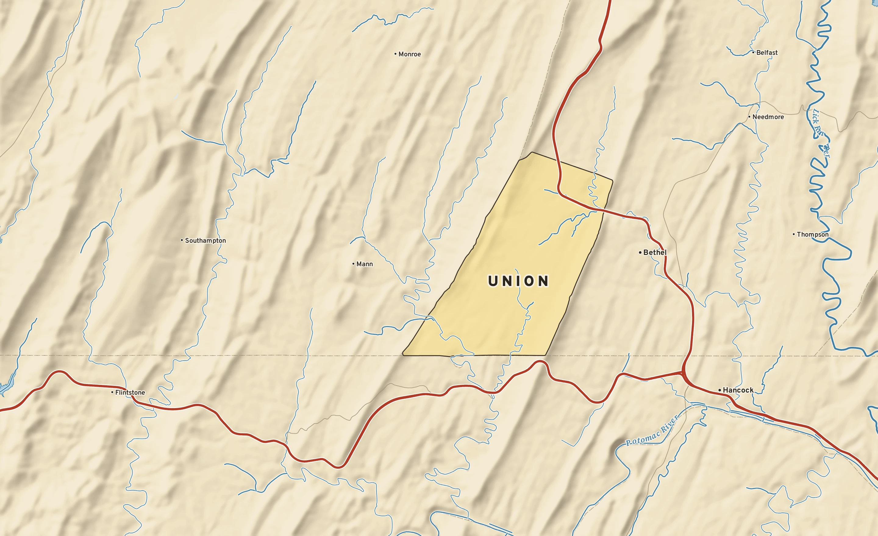 Shaded-relief atlas plate of Union, Pennsylvania: rivers, roads, the city limits and where the water drains.
