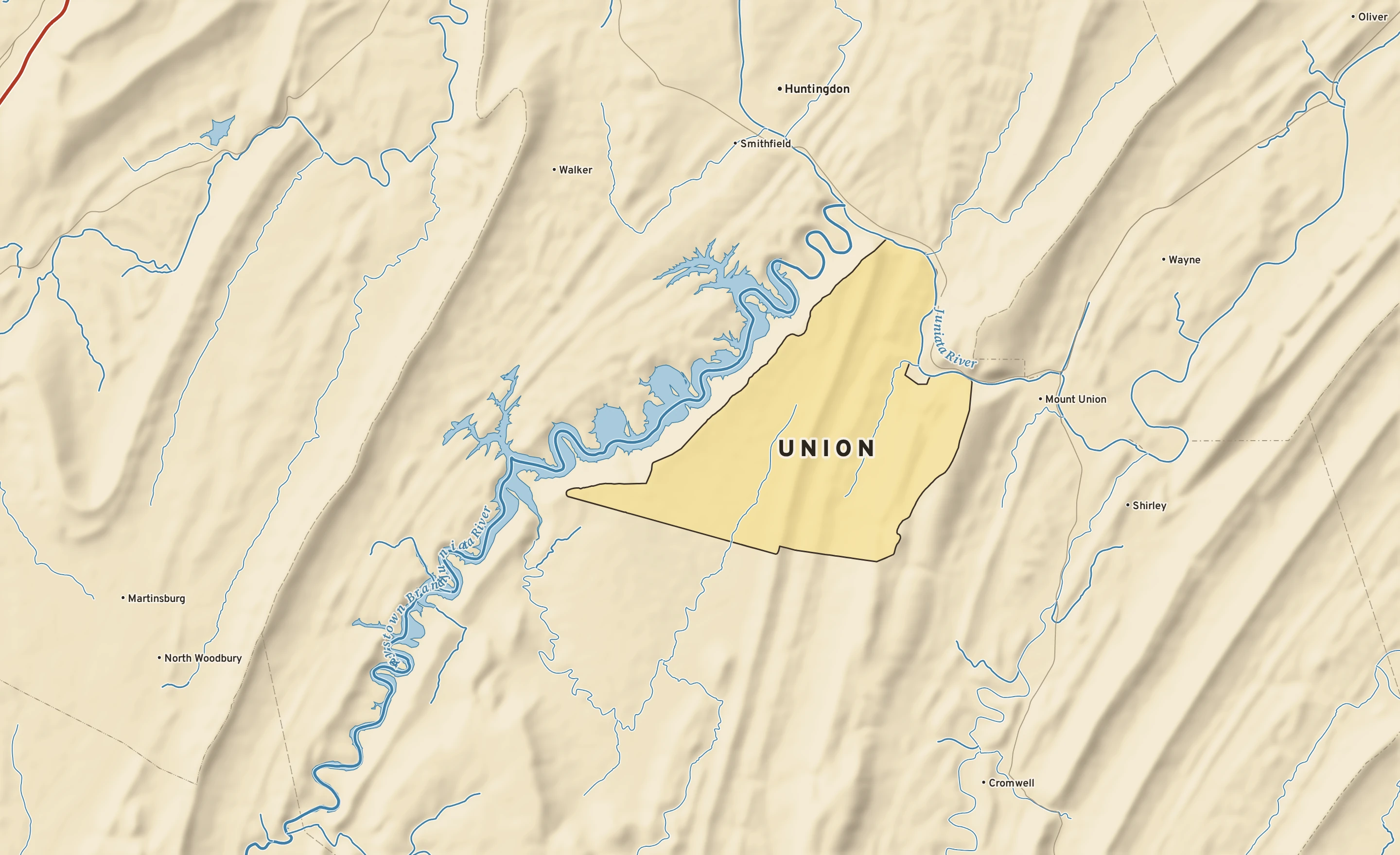Shaded-relief atlas plate of Union, Pennsylvania: rivers, roads, the city limits and where the water drains.