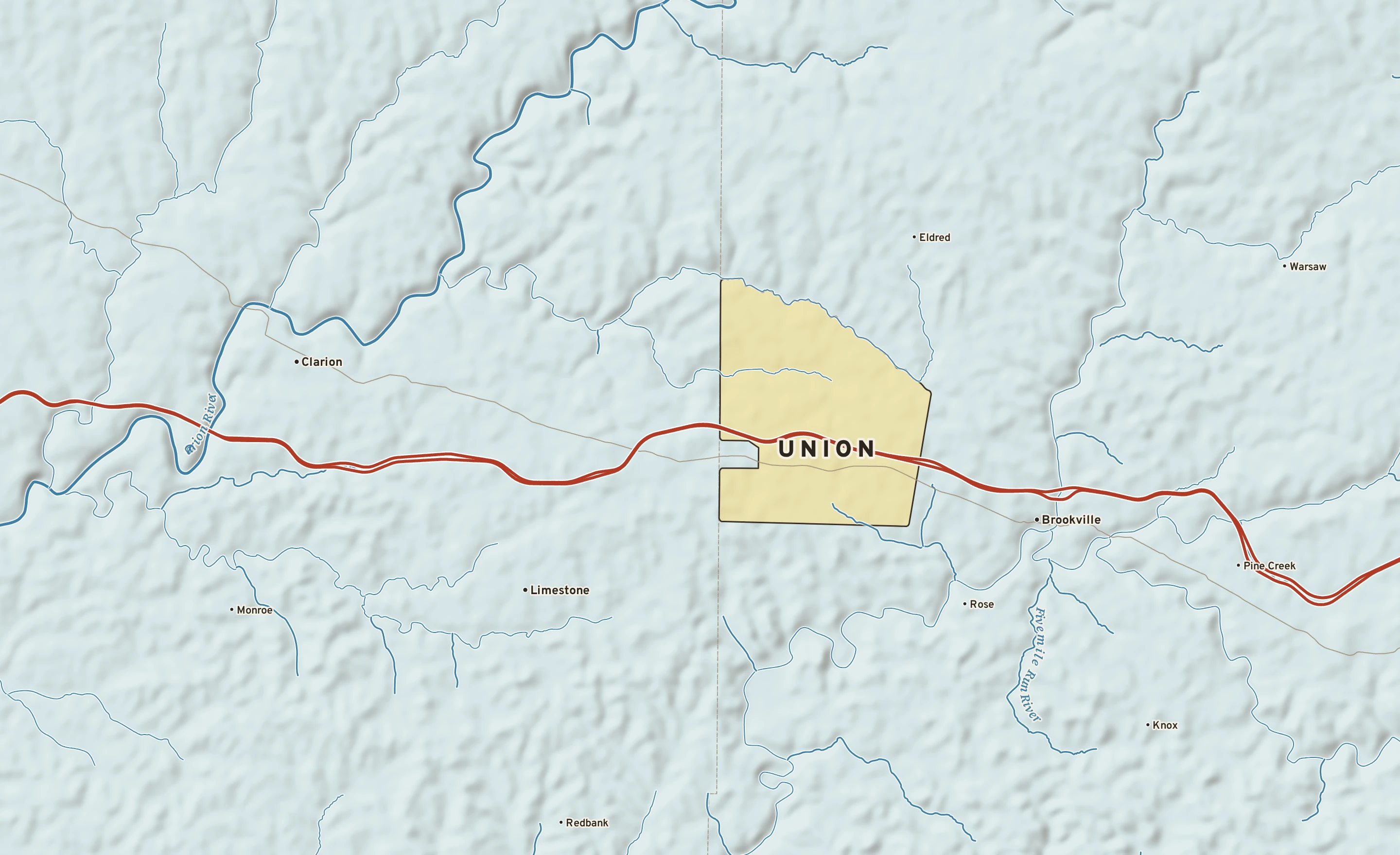 Shaded-relief atlas plate of Union, Pennsylvania: rivers, roads, the city limits and where the water drains.