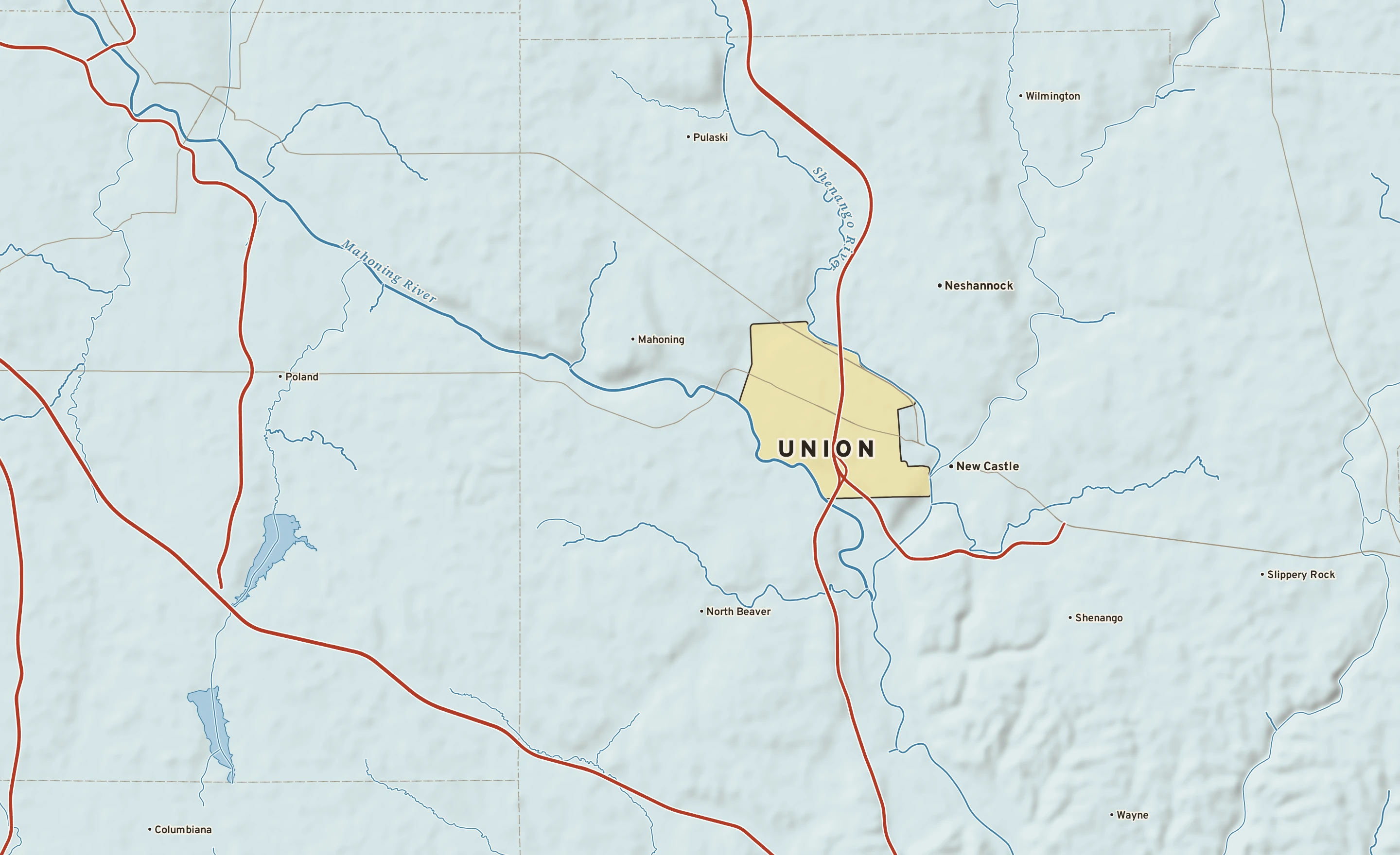 Shaded-relief atlas plate of Union, Pennsylvania: rivers, roads, the city limits and where the water drains.