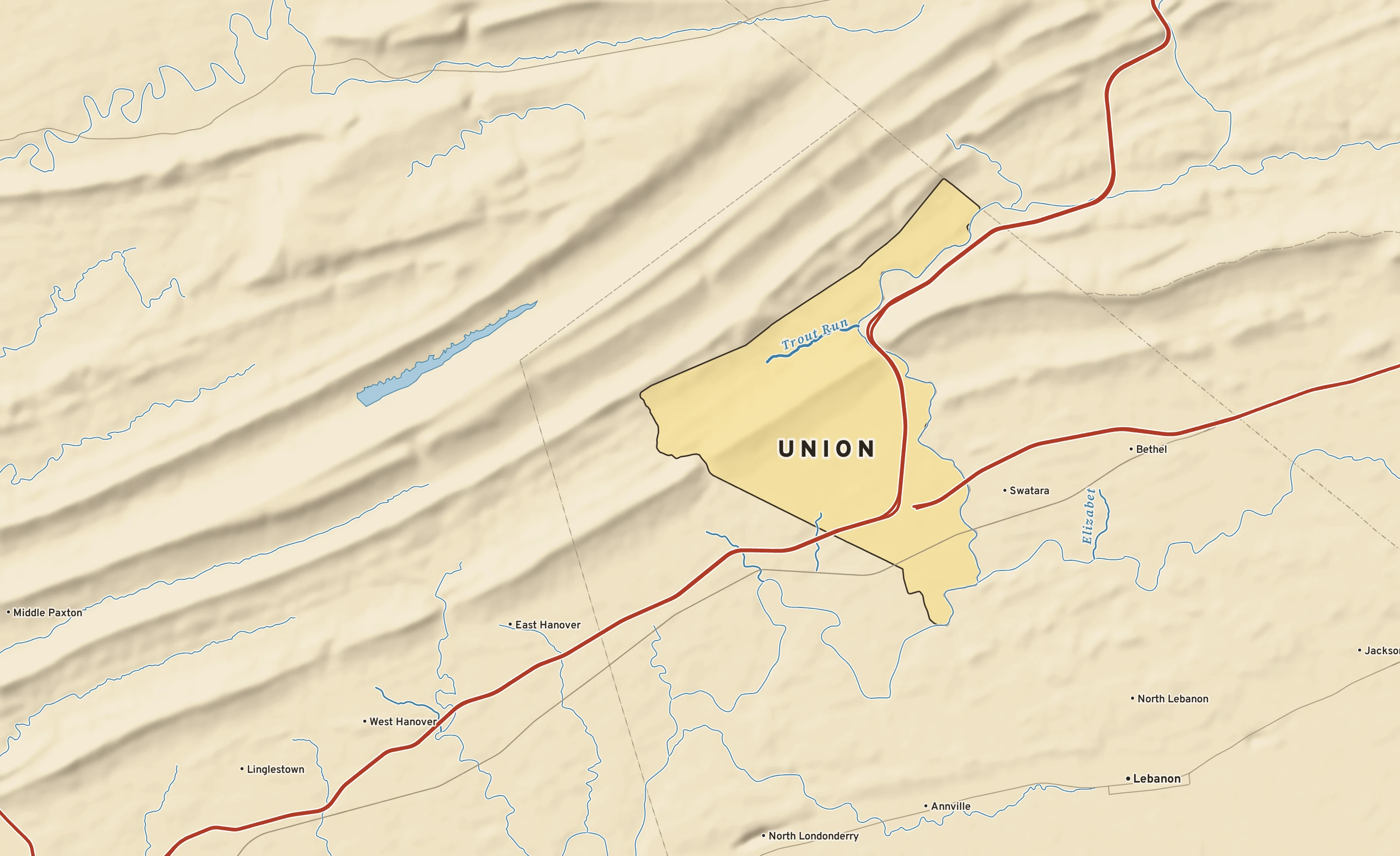 Shaded-relief atlas plate of Union, Pennsylvania: rivers, roads, the city limits and where the water drains.