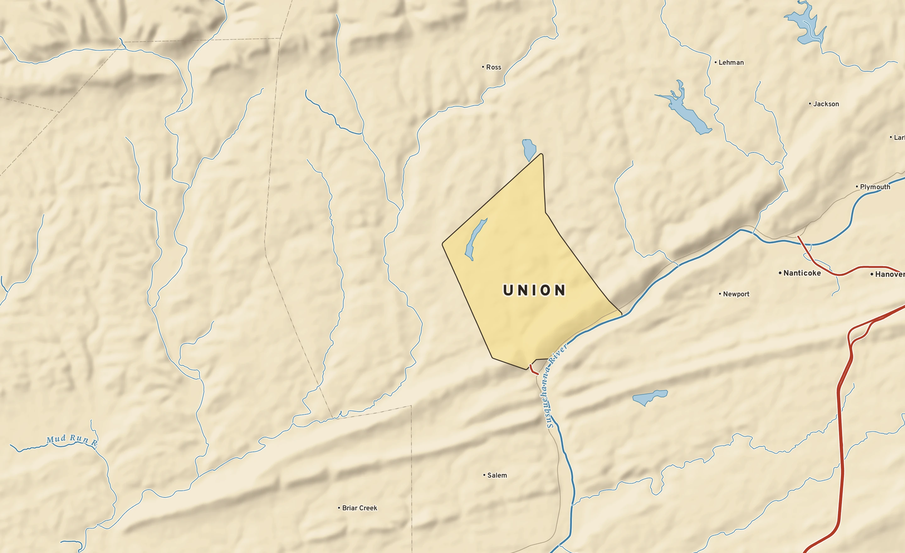 Shaded-relief atlas plate of Union, Pennsylvania: rivers, roads, the city limits and where the water drains.