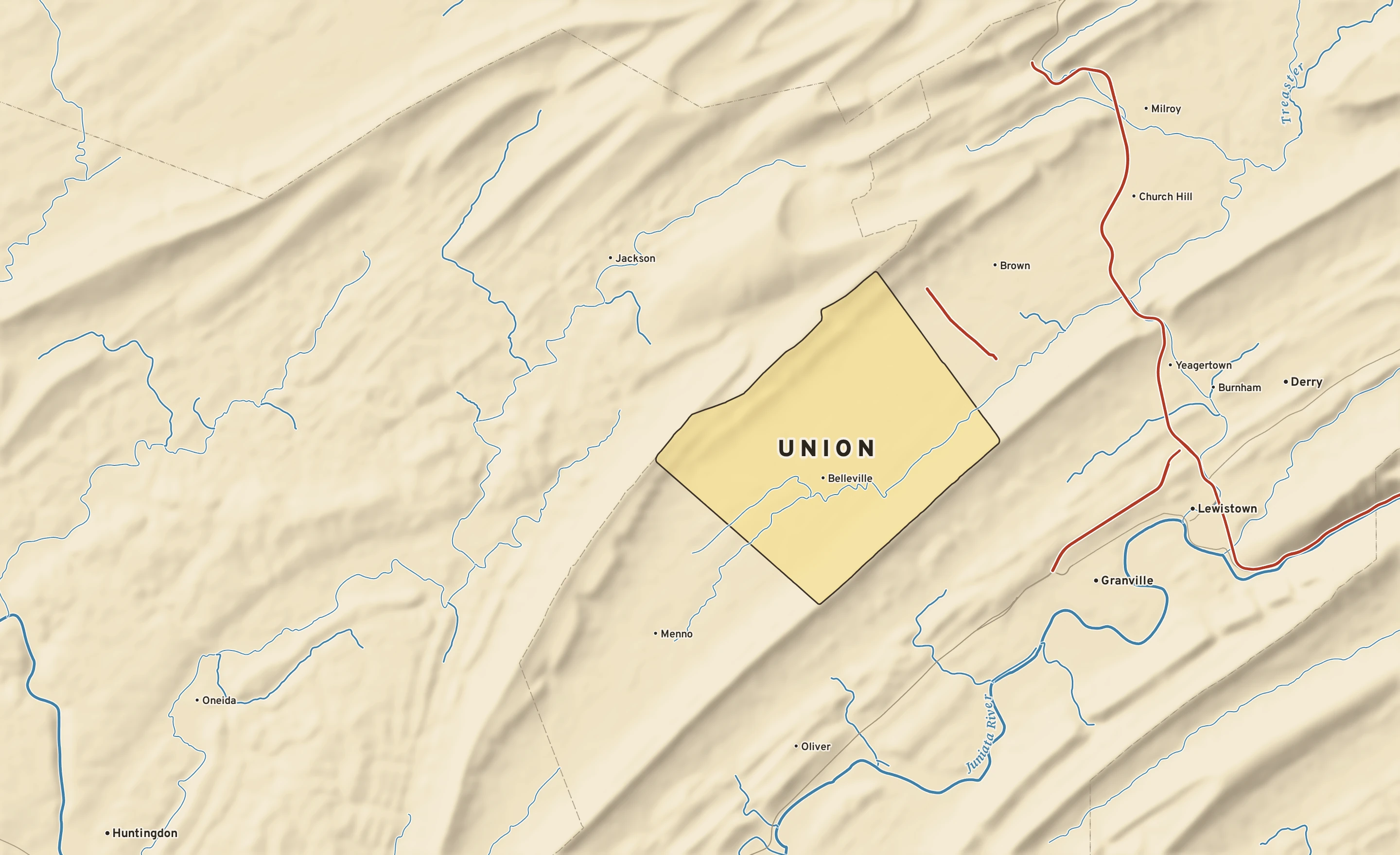 Shaded-relief atlas plate of Union, Pennsylvania: rivers, roads, the city limits and where the water drains.