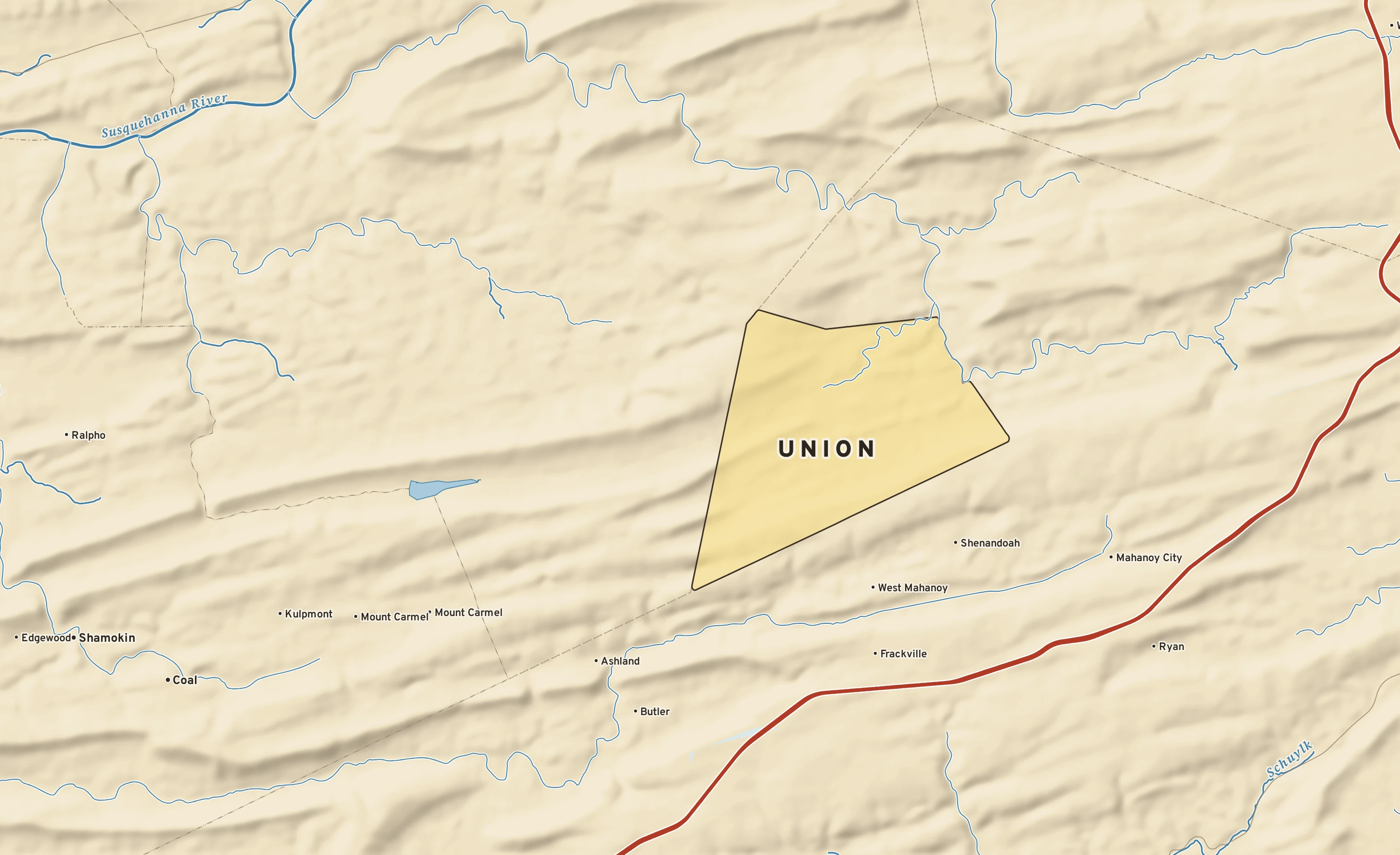 Shaded-relief atlas plate of Union, Pennsylvania: rivers, roads, the city limits and where the water drains.