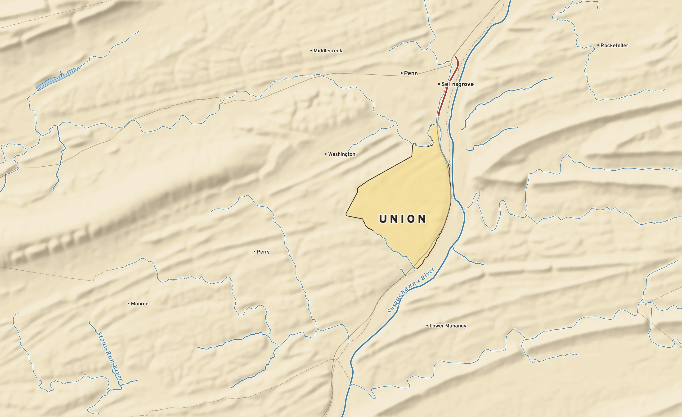 Shaded-relief atlas plate of Union, Pennsylvania: rivers, roads, the city limits and where the water drains.