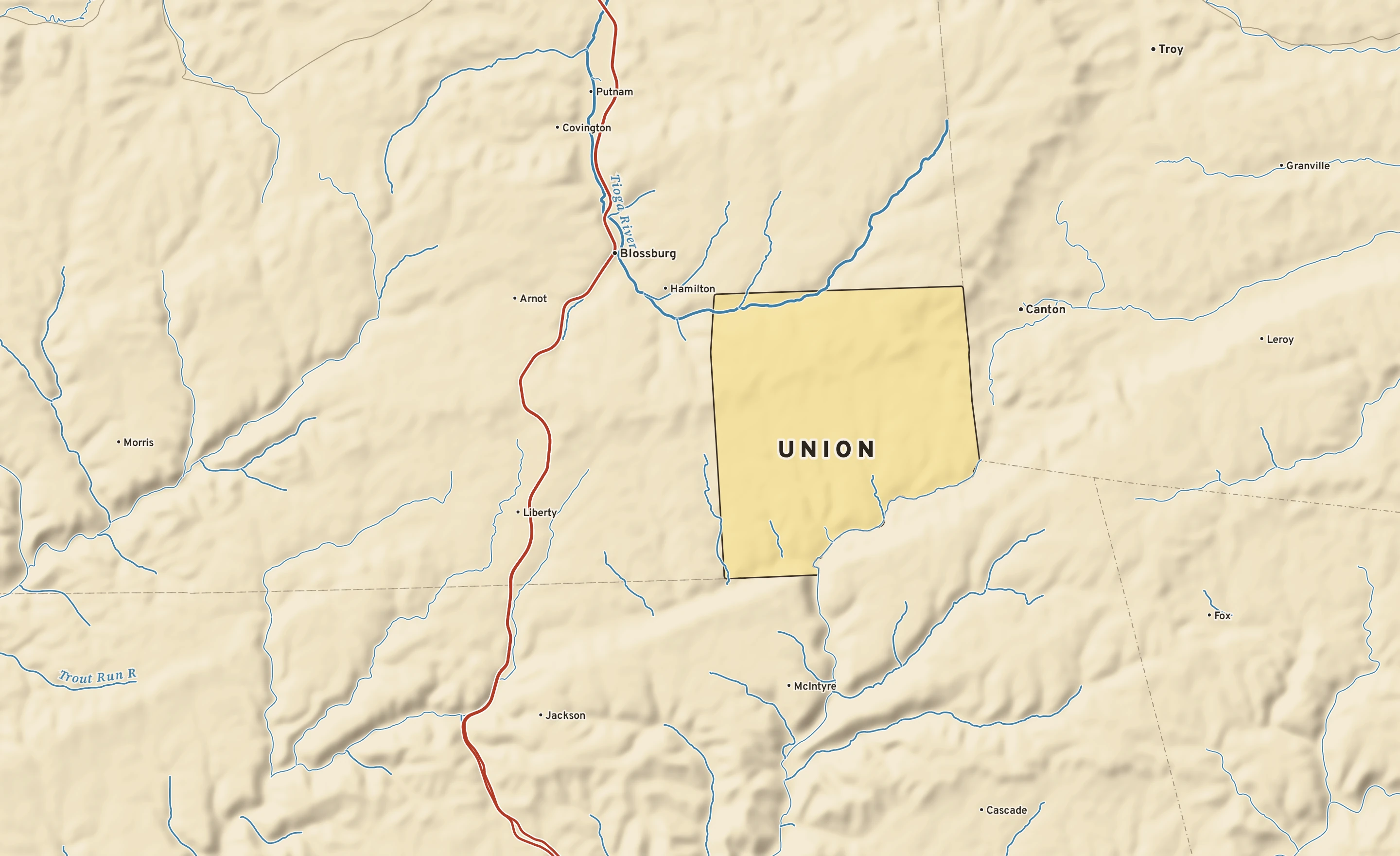 Shaded-relief atlas plate of Union, Pennsylvania: rivers, roads, the city limits and where the water drains.