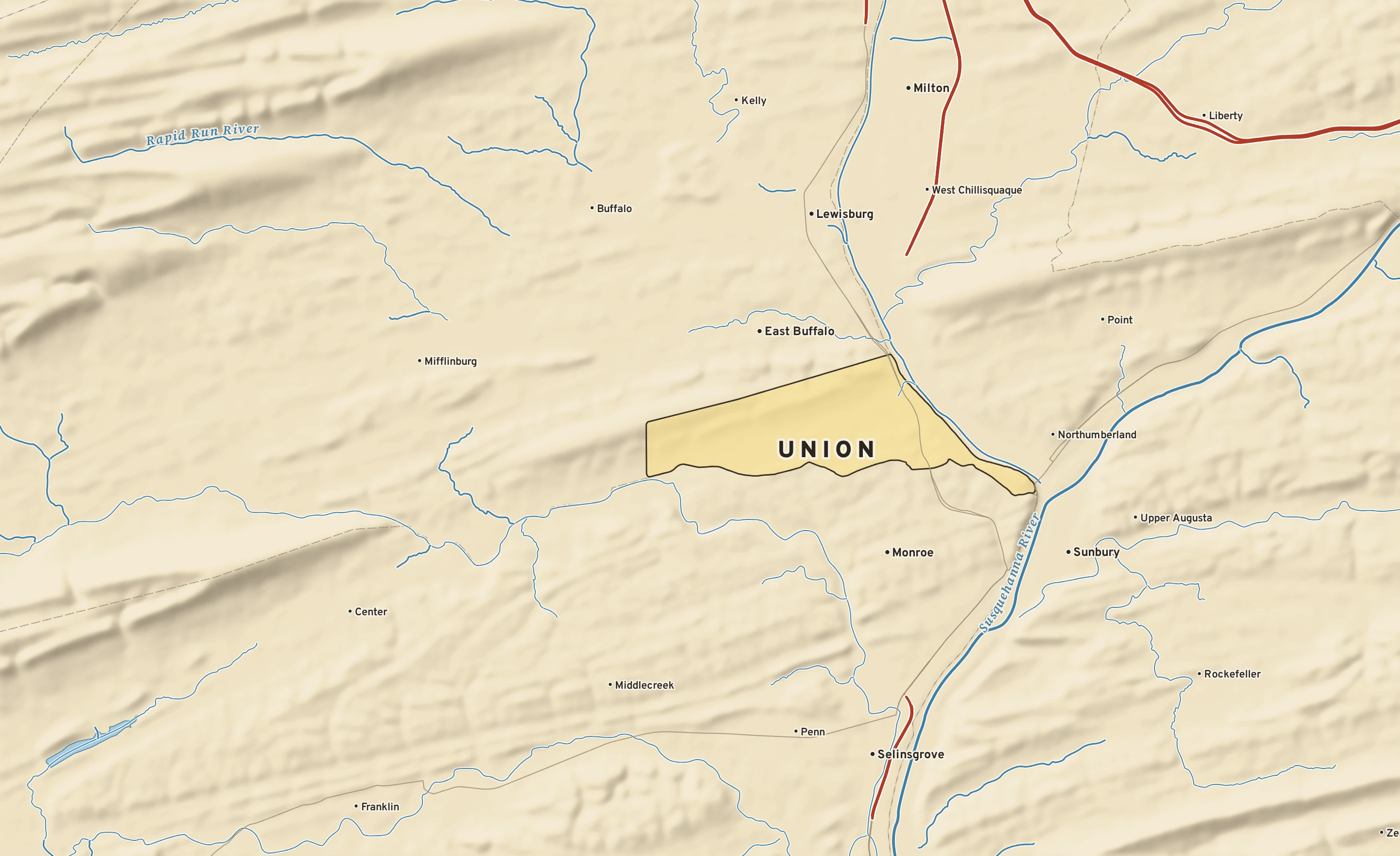 Shaded-relief atlas plate of Union, Pennsylvania: rivers, roads, the city limits and where the water drains.