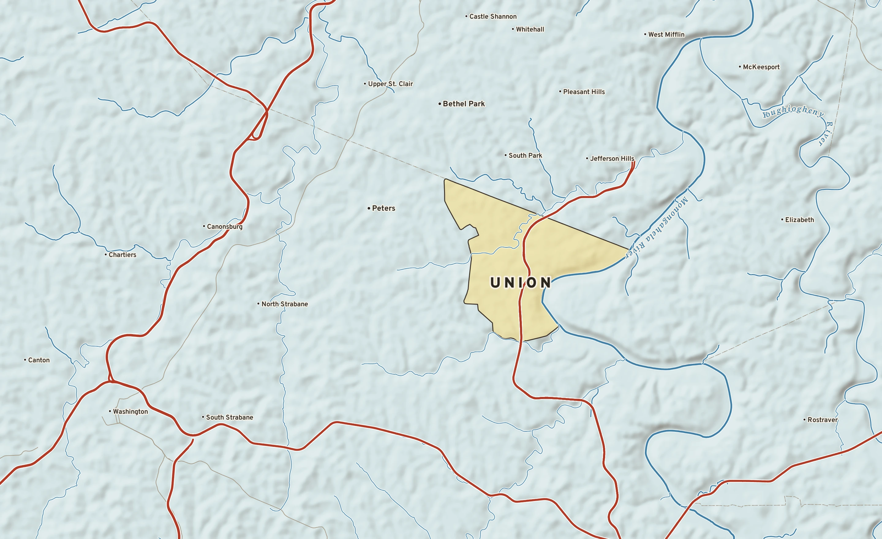 Shaded-relief atlas plate of Union, Pennsylvania: rivers, roads, the city limits and where the water drains.