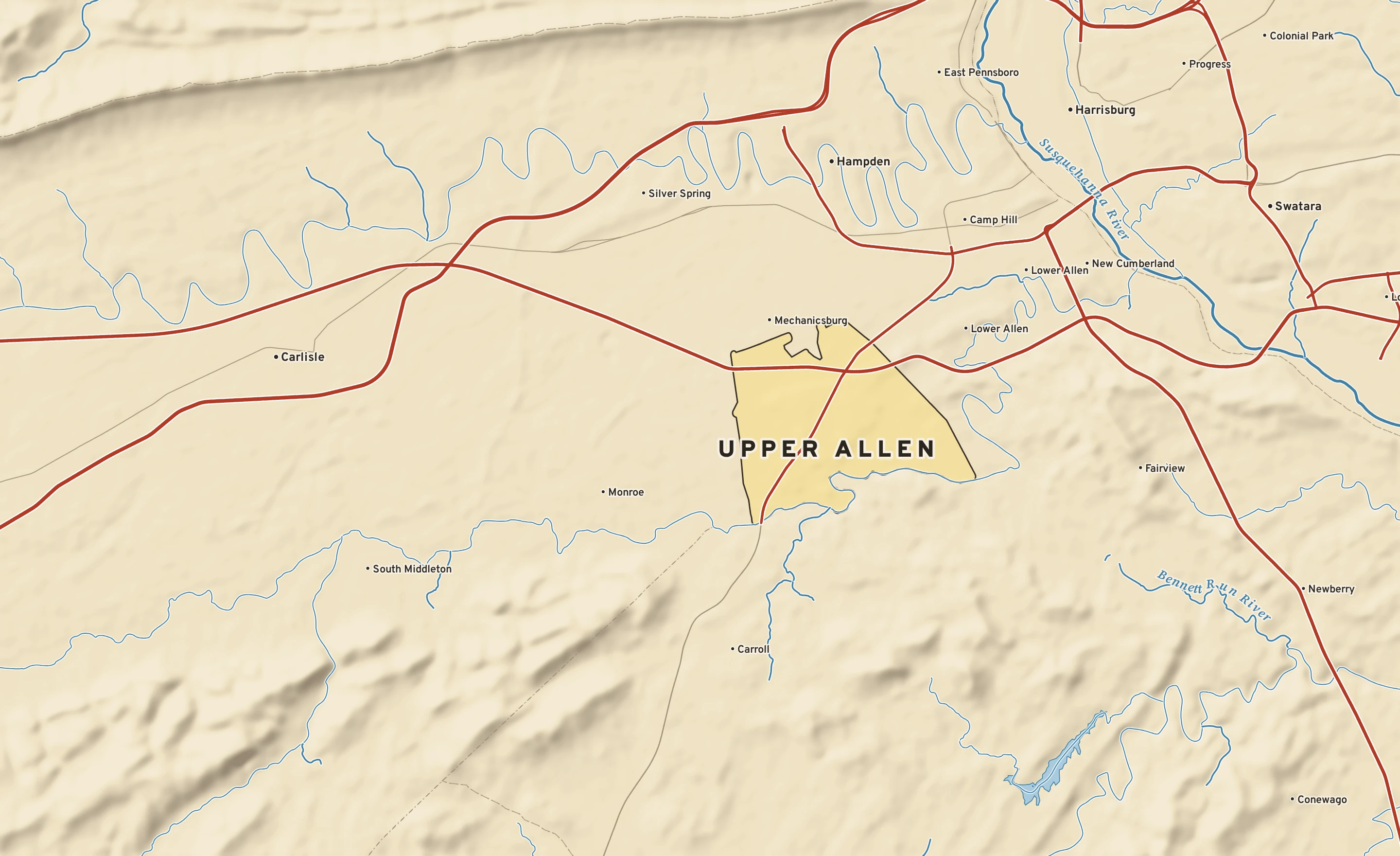 Shaded-relief atlas plate of Upper Allen, Pennsylvania: rivers, roads, the city limits and where the water drains.