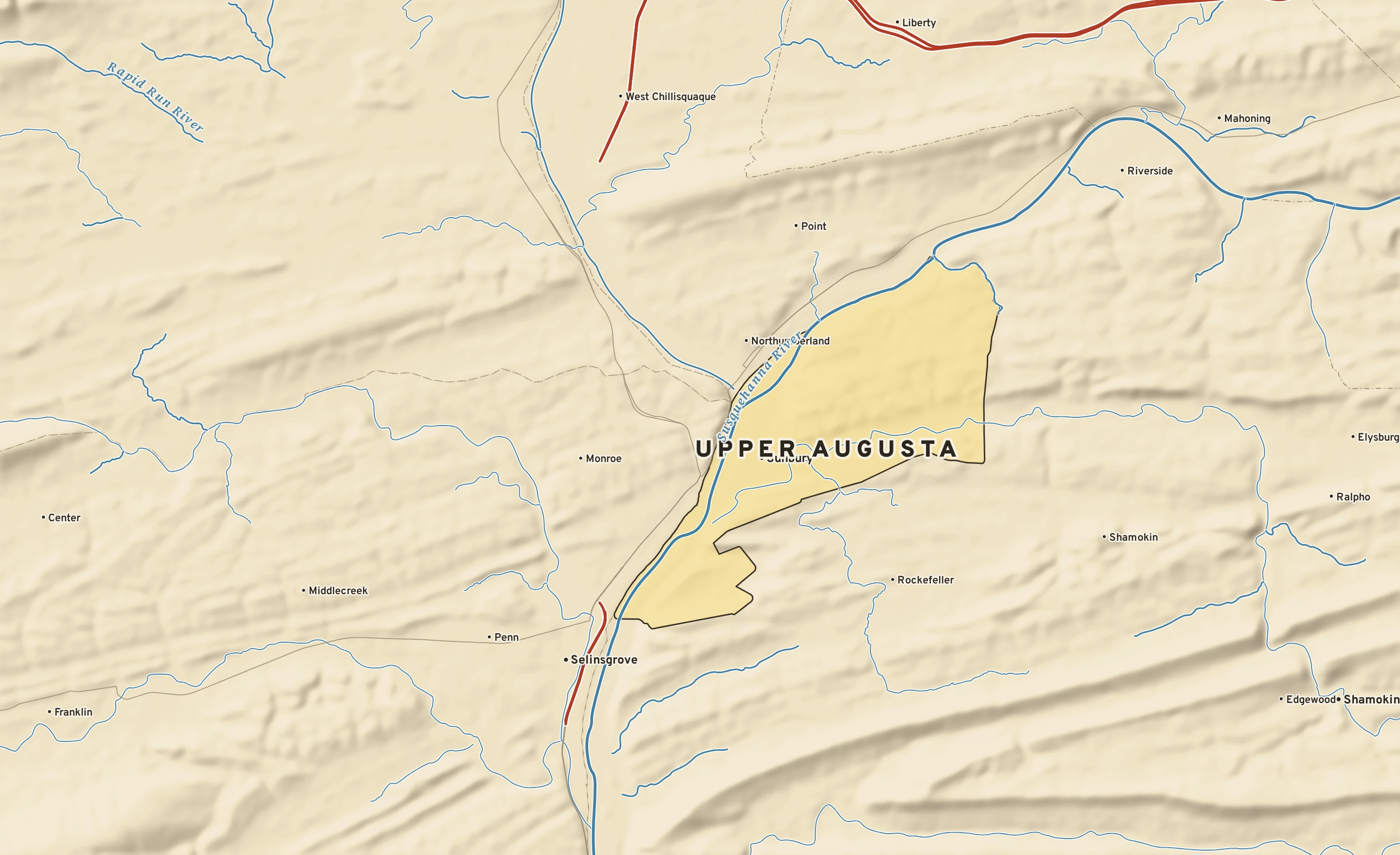 Shaded-relief atlas plate of Upper Augusta, Pennsylvania: rivers, roads, the city limits and where the water drains.