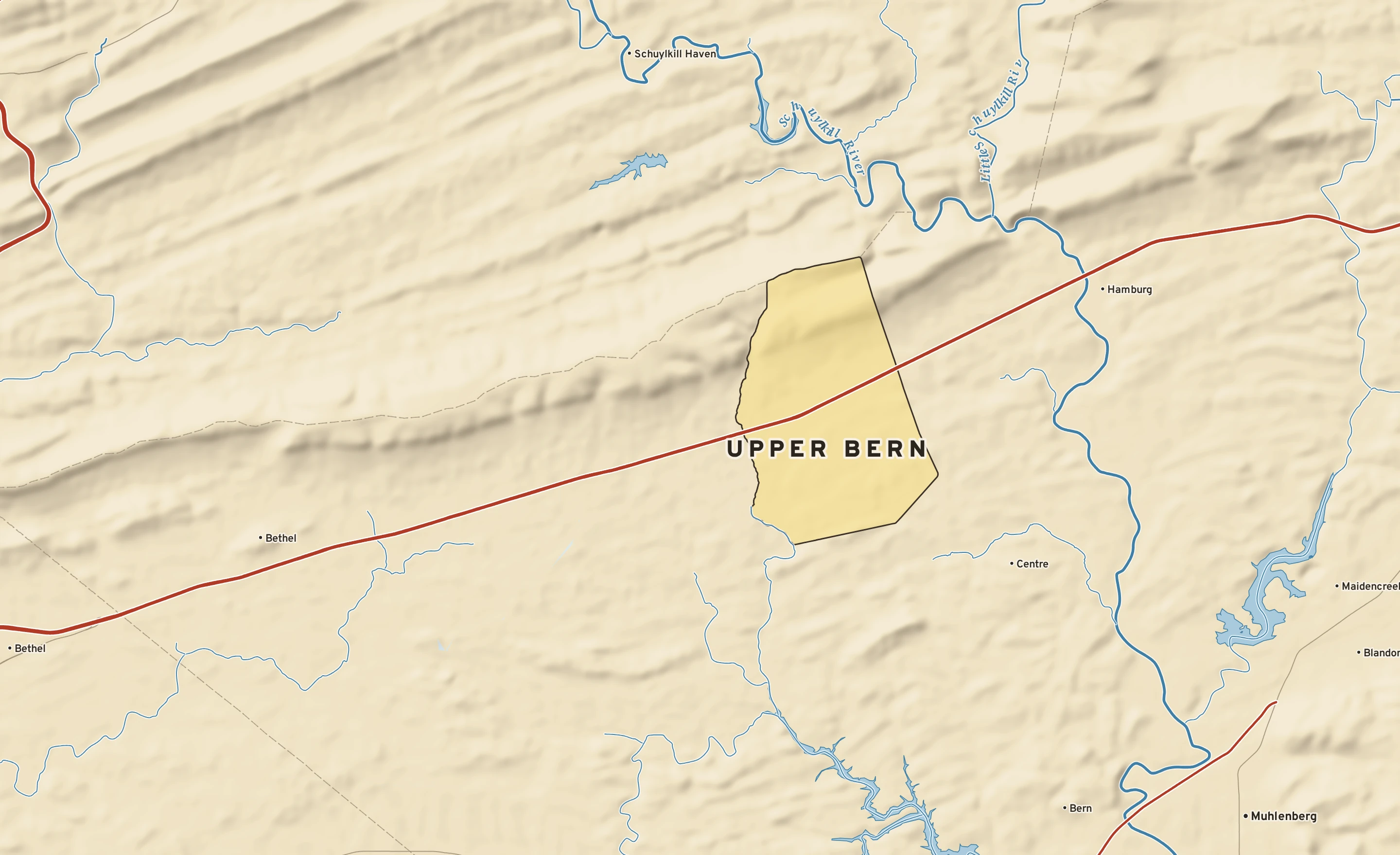 Shaded-relief atlas plate of Upper Bern, Pennsylvania: rivers, roads, the city limits and where the water drains.