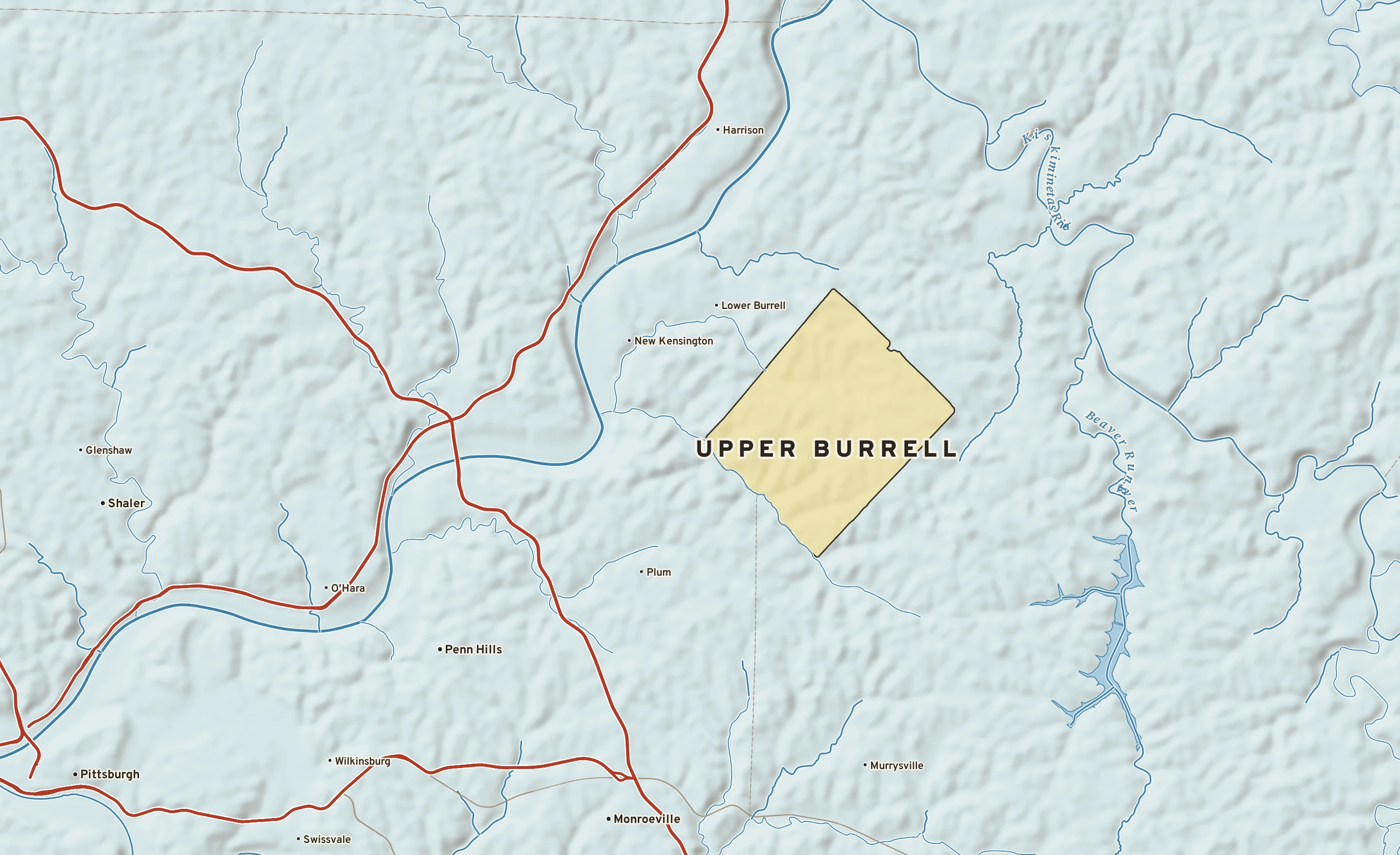 Shaded-relief atlas plate of Upper Burrell, Pennsylvania: rivers, roads, the city limits and where the water drains.