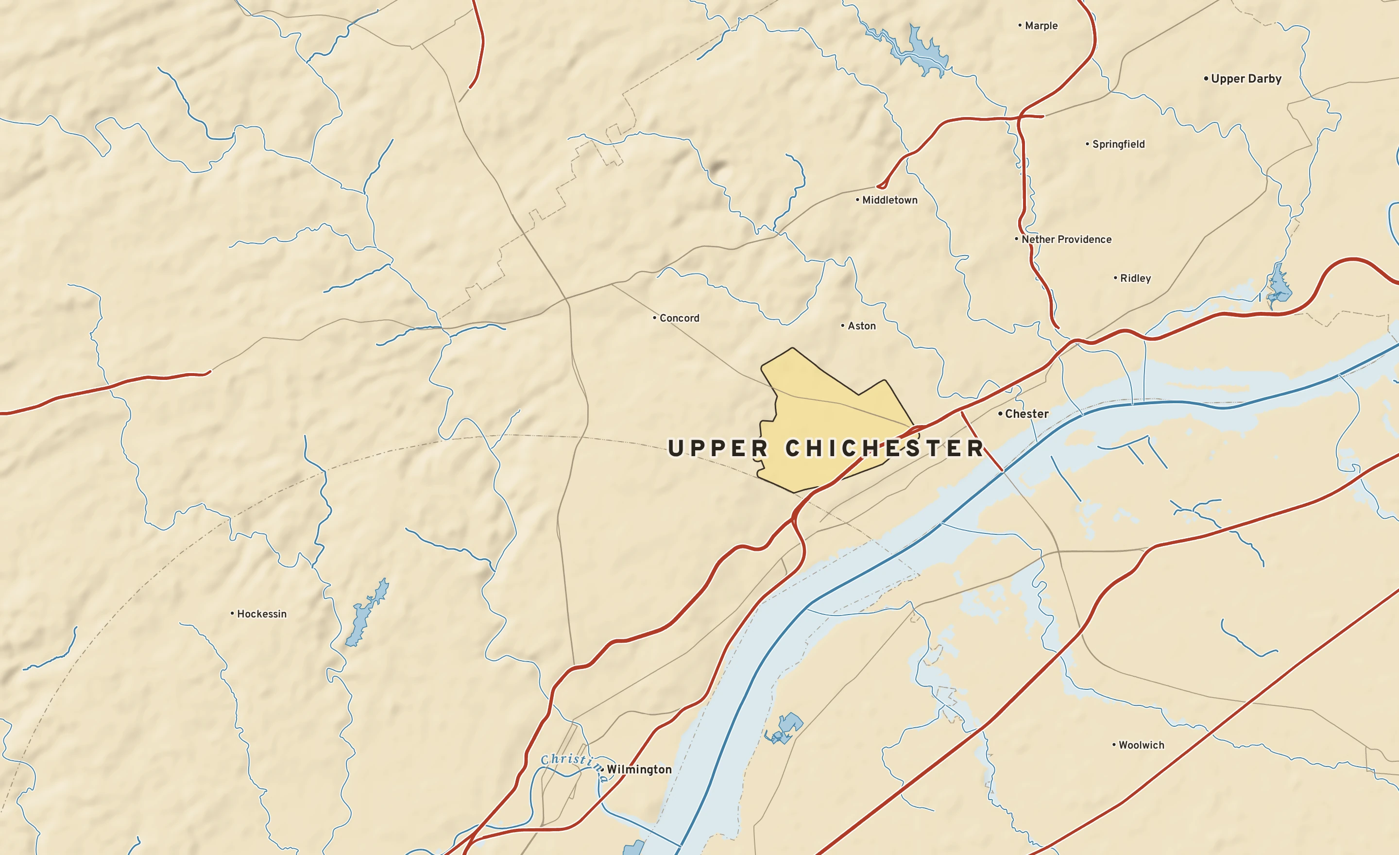 Shaded-relief atlas plate of Upper Chichester, Pennsylvania: rivers, roads, the city limits and where the water drains.