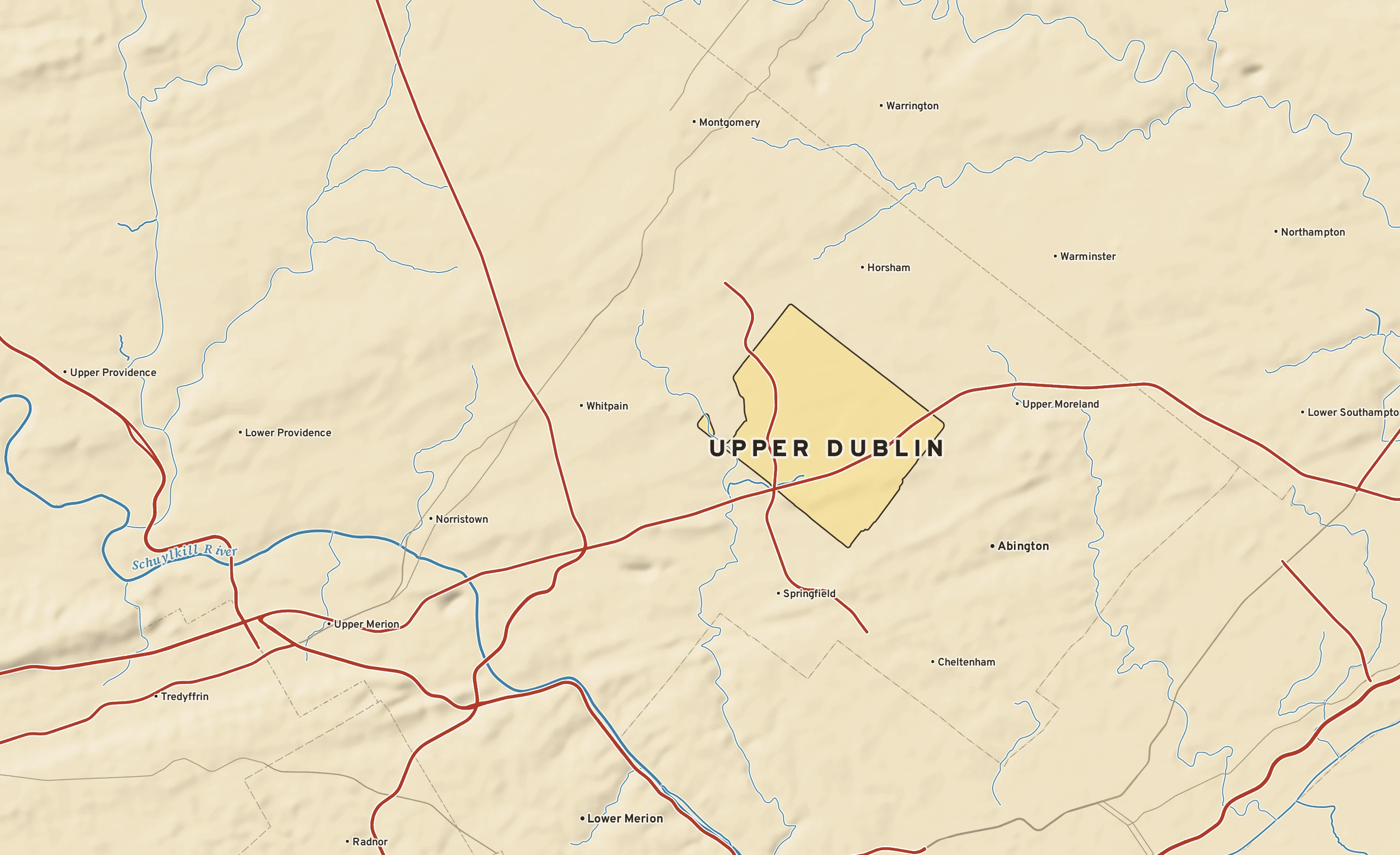 Shaded-relief atlas plate of Upper Dublin, Pennsylvania: rivers, roads, the city limits and where the water drains.