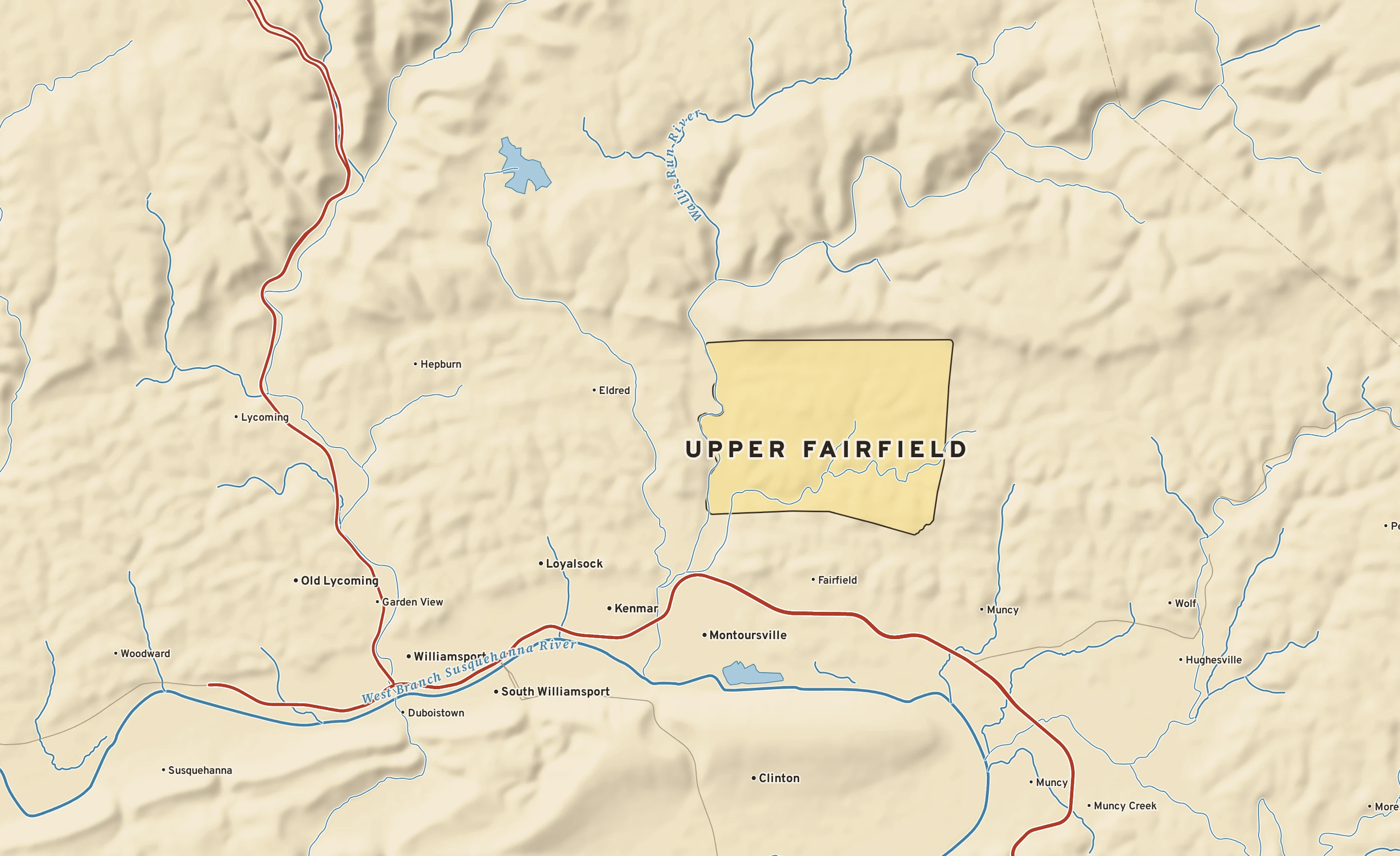 Shaded-relief atlas plate of Upper Fairfield, Pennsylvania: rivers, roads, the city limits and where the water drains.