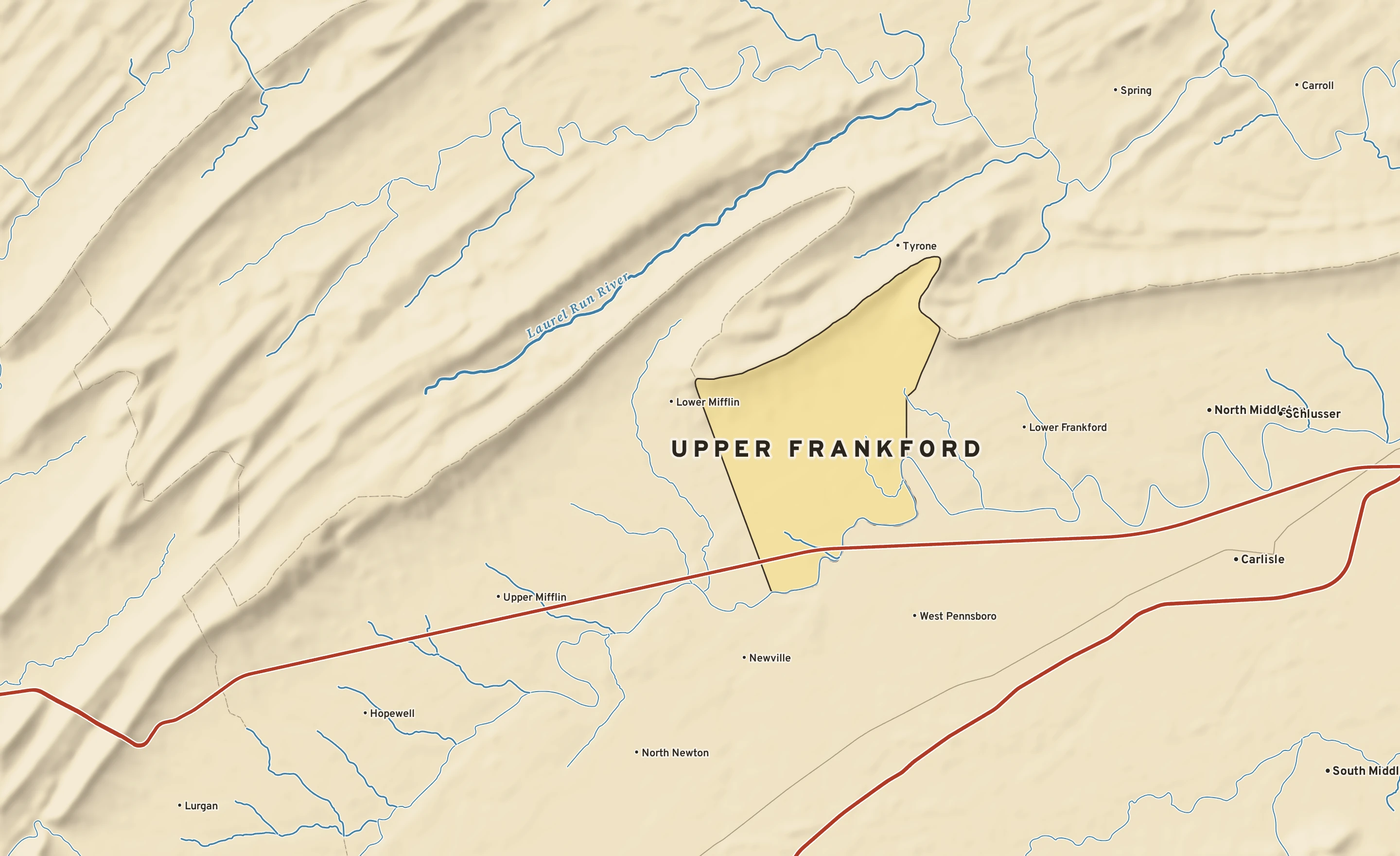 Shaded-relief atlas plate of Upper Frankford, Pennsylvania: rivers, roads, the city limits and where the water drains.