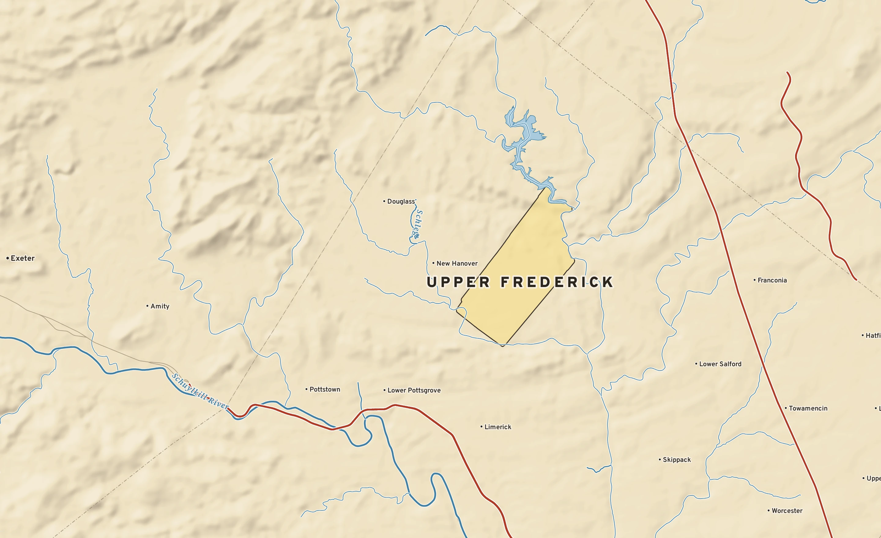 Shaded-relief atlas plate of Upper Frederick, Pennsylvania: rivers, roads, the city limits and where the water drains.
