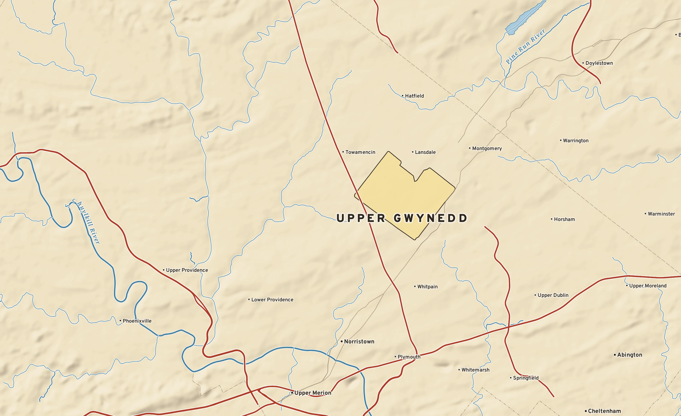 Shaded-relief atlas plate of Upper Gwynedd, Pennsylvania: rivers, roads, the city limits and where the water drains.
