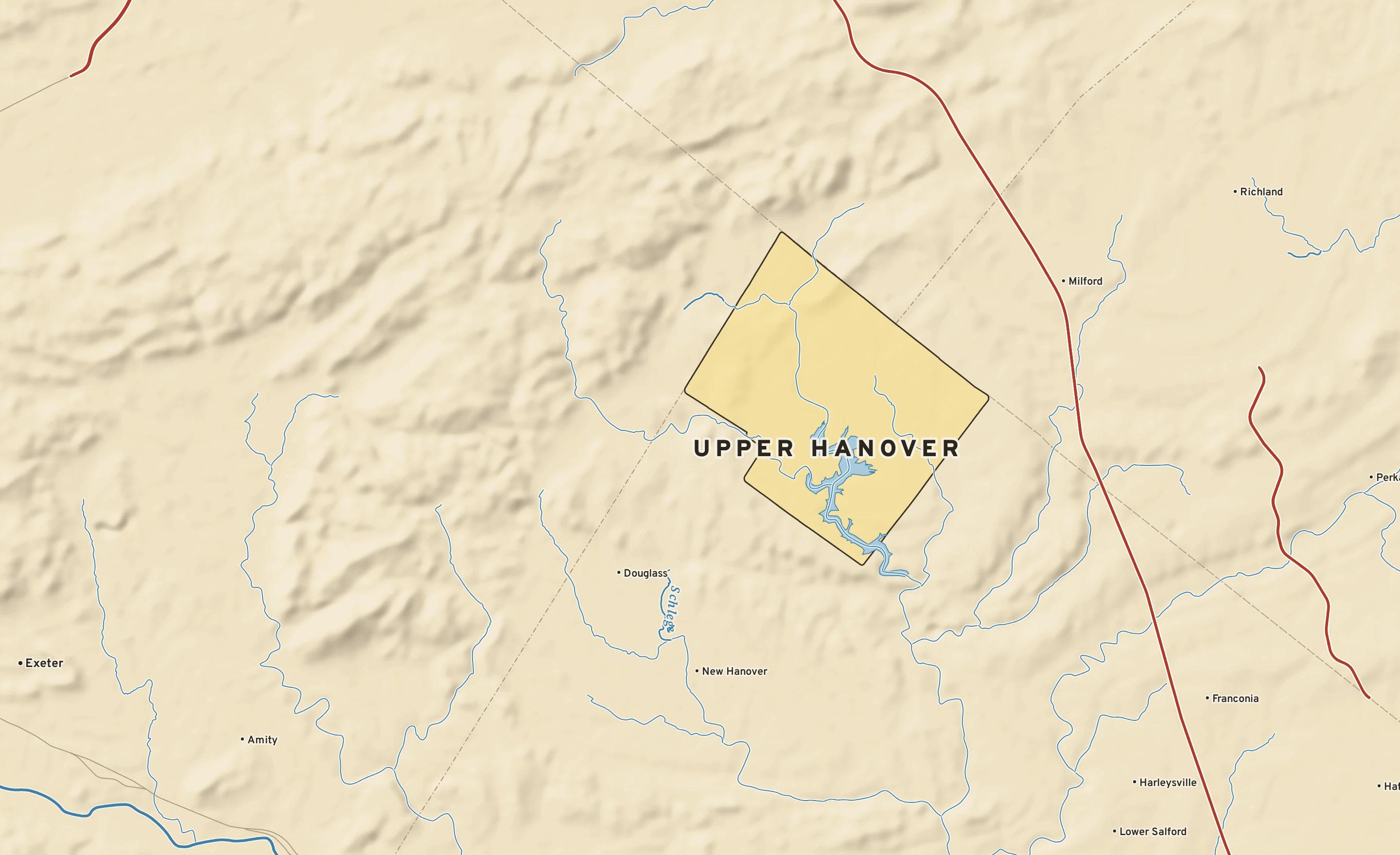 Shaded-relief atlas plate of Upper Hanover, Pennsylvania: rivers, roads, the city limits and where the water drains.