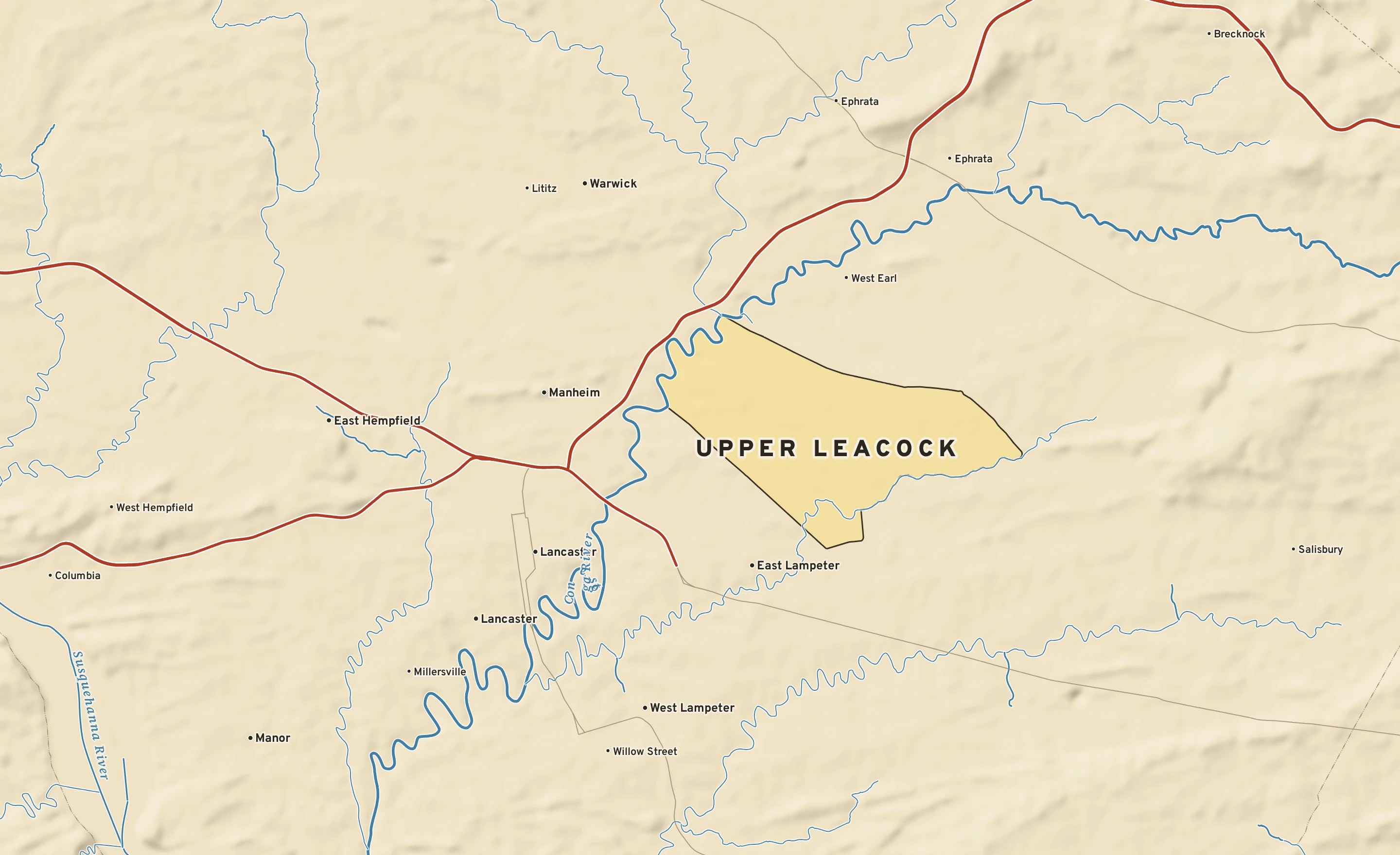 Shaded-relief atlas plate of Upper Leacock, Pennsylvania: rivers, roads, the city limits and where the water drains.
