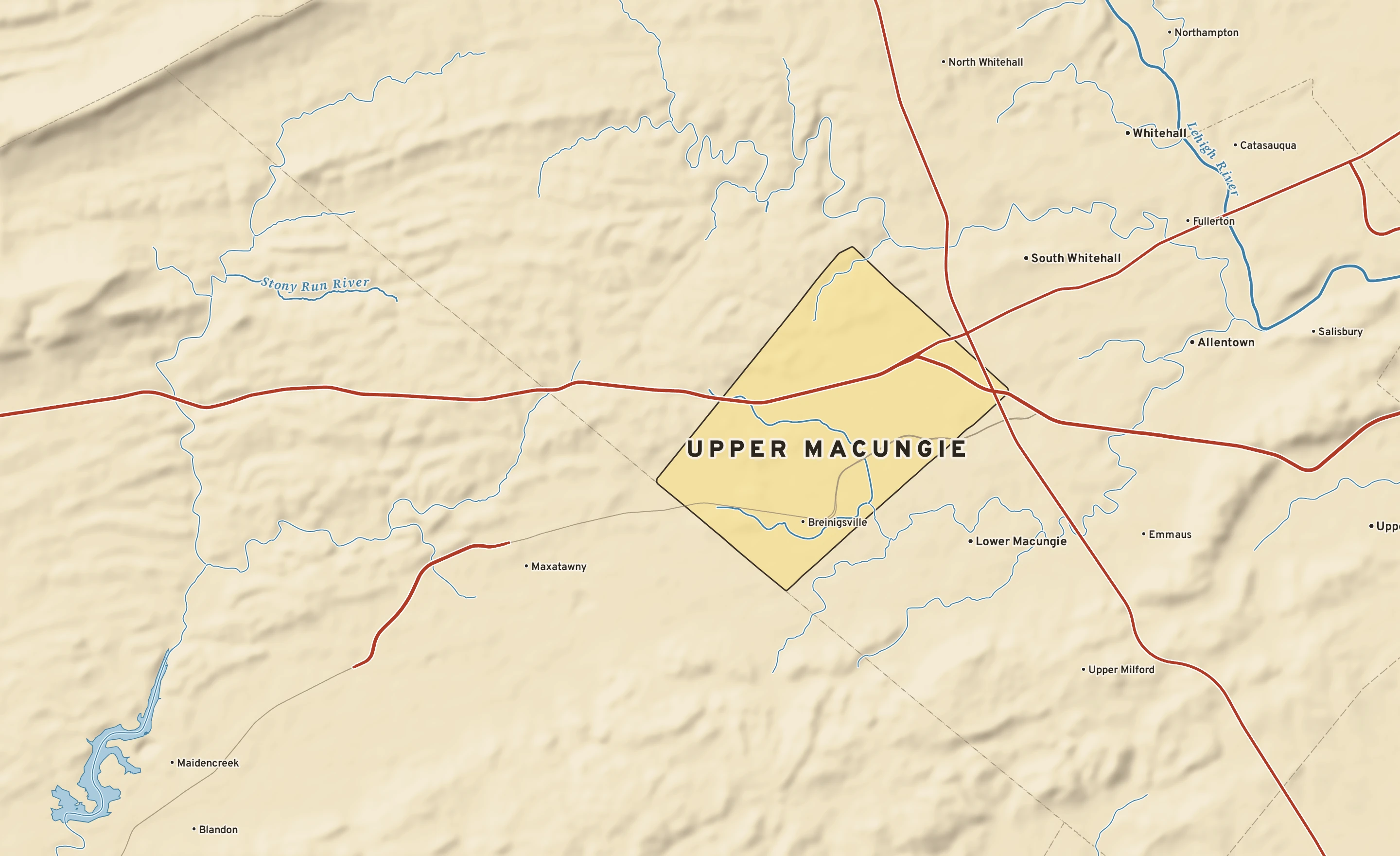 Shaded-relief atlas plate of Upper Macungie, Pennsylvania: rivers, roads, the city limits and where the water drains.