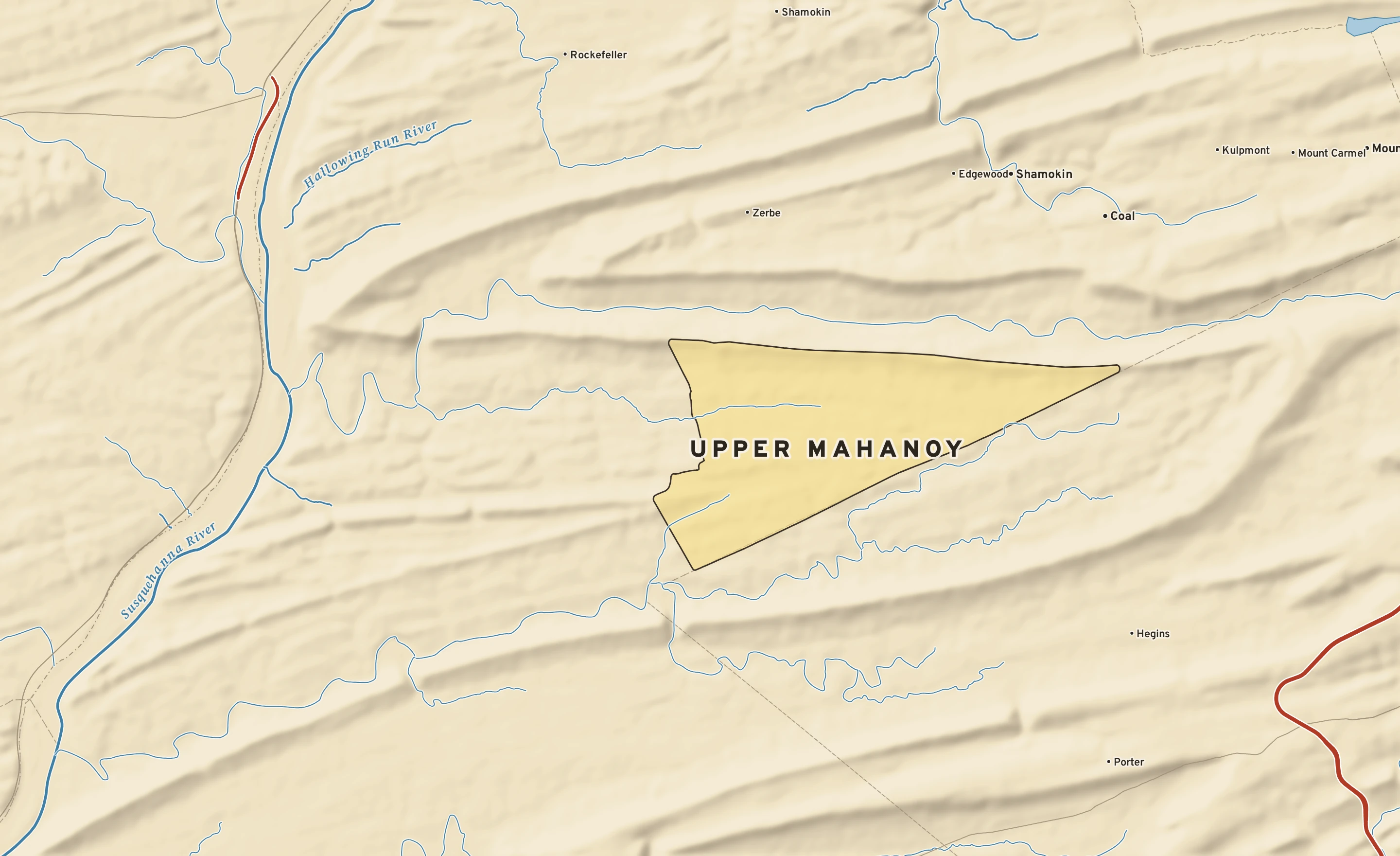 Shaded-relief atlas plate of Upper Mahanoy, Pennsylvania: rivers, roads, the city limits and where the water drains.