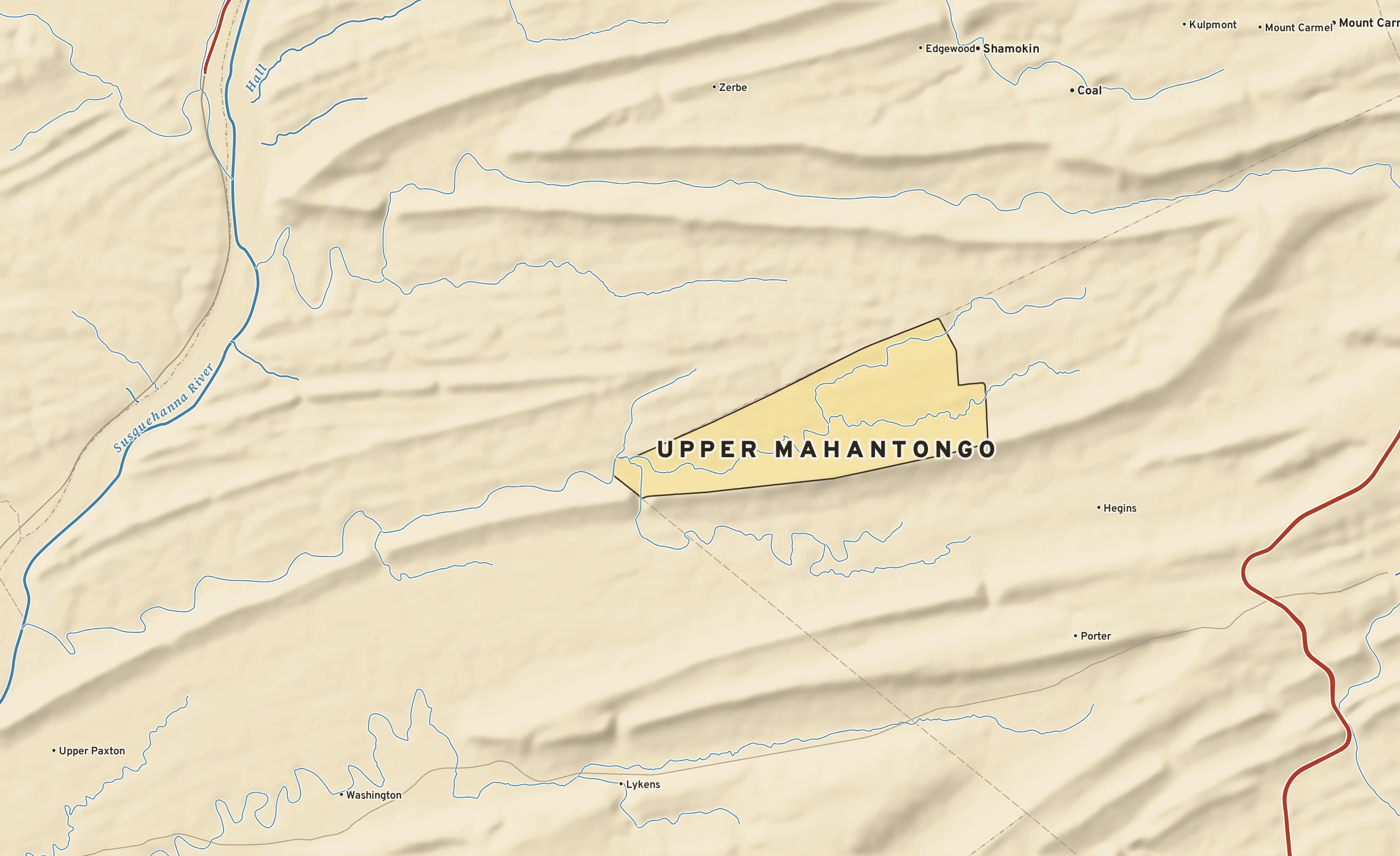 Shaded-relief atlas plate of Upper Mahantongo, Pennsylvania: rivers, roads, the city limits and where the water drains.