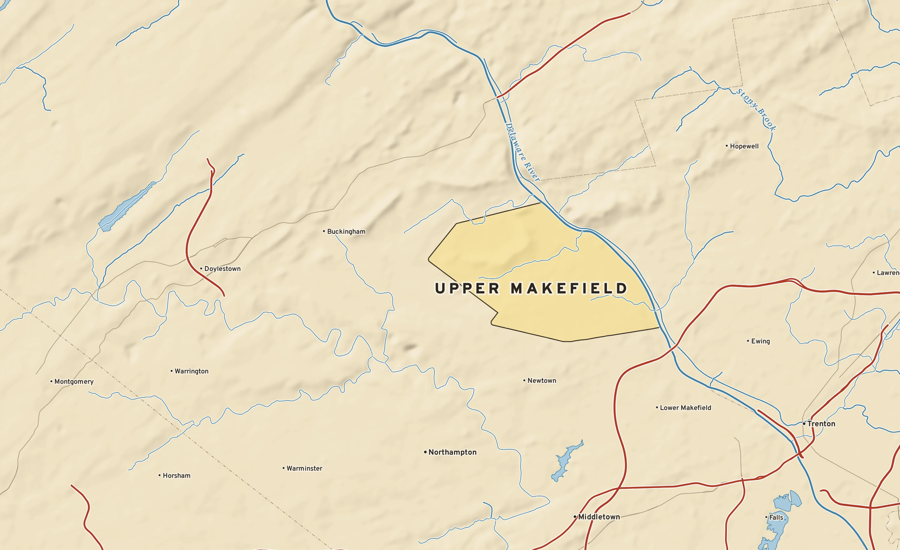 Shaded-relief atlas plate of Upper Makefield, Pennsylvania: rivers, roads, the city limits and where the water drains.