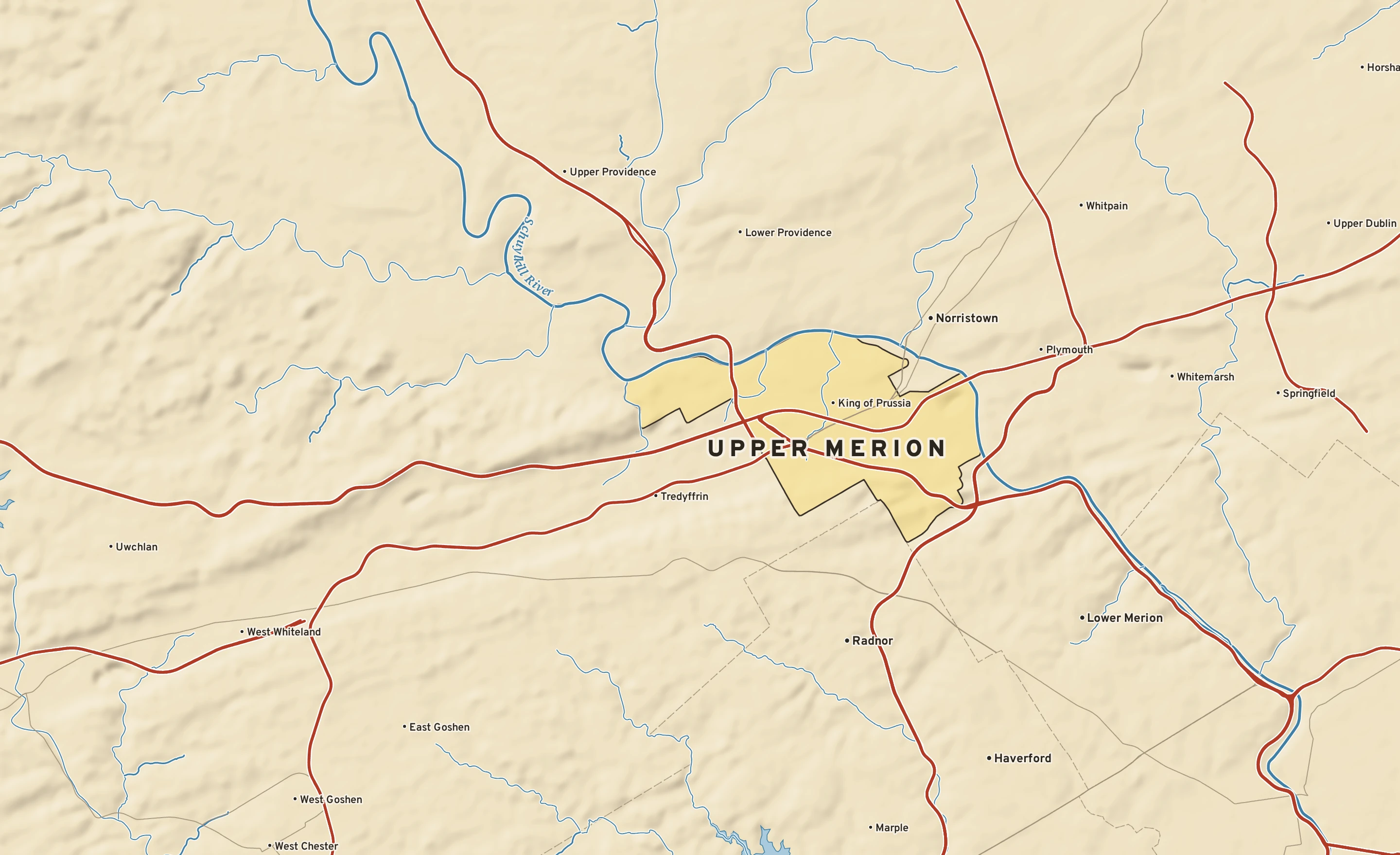 Shaded-relief atlas plate of Upper Merion, Pennsylvania: rivers, roads, the city limits and where the water drains.