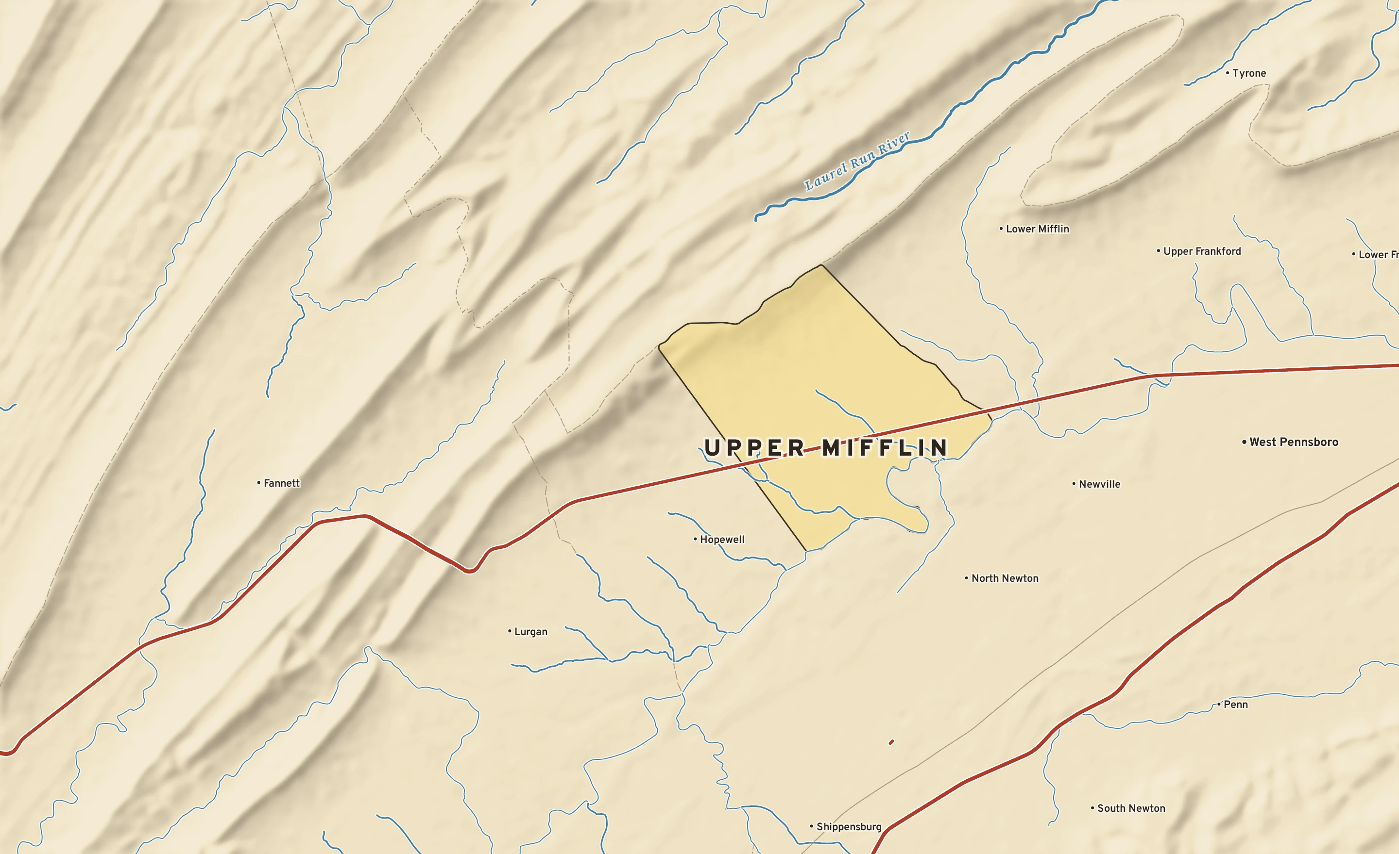 Shaded-relief atlas plate of Upper Mifflin, Pennsylvania: rivers, roads, the city limits and where the water drains.