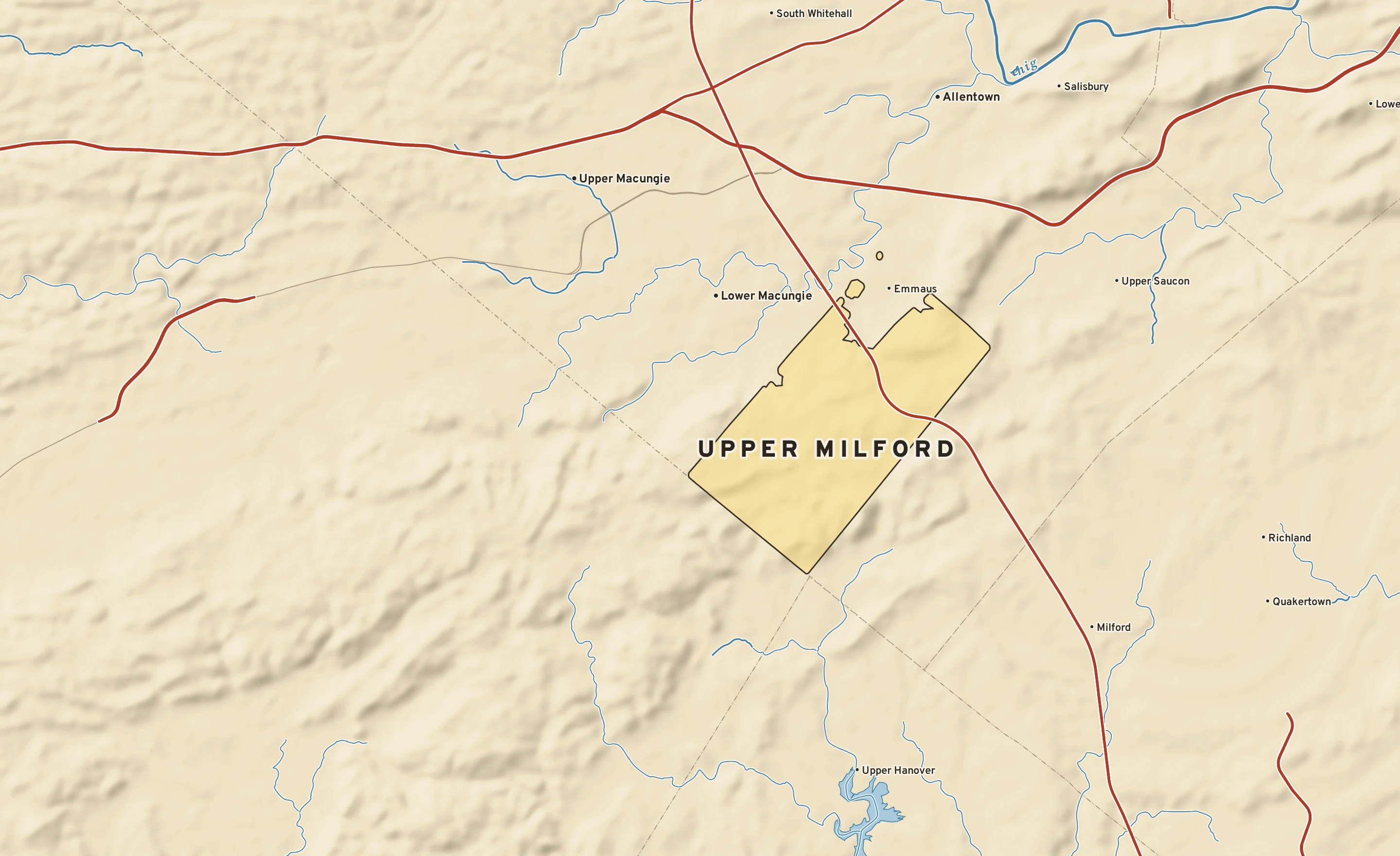 Shaded-relief atlas plate of Upper Milford, Pennsylvania: rivers, roads, the city limits and where the water drains.