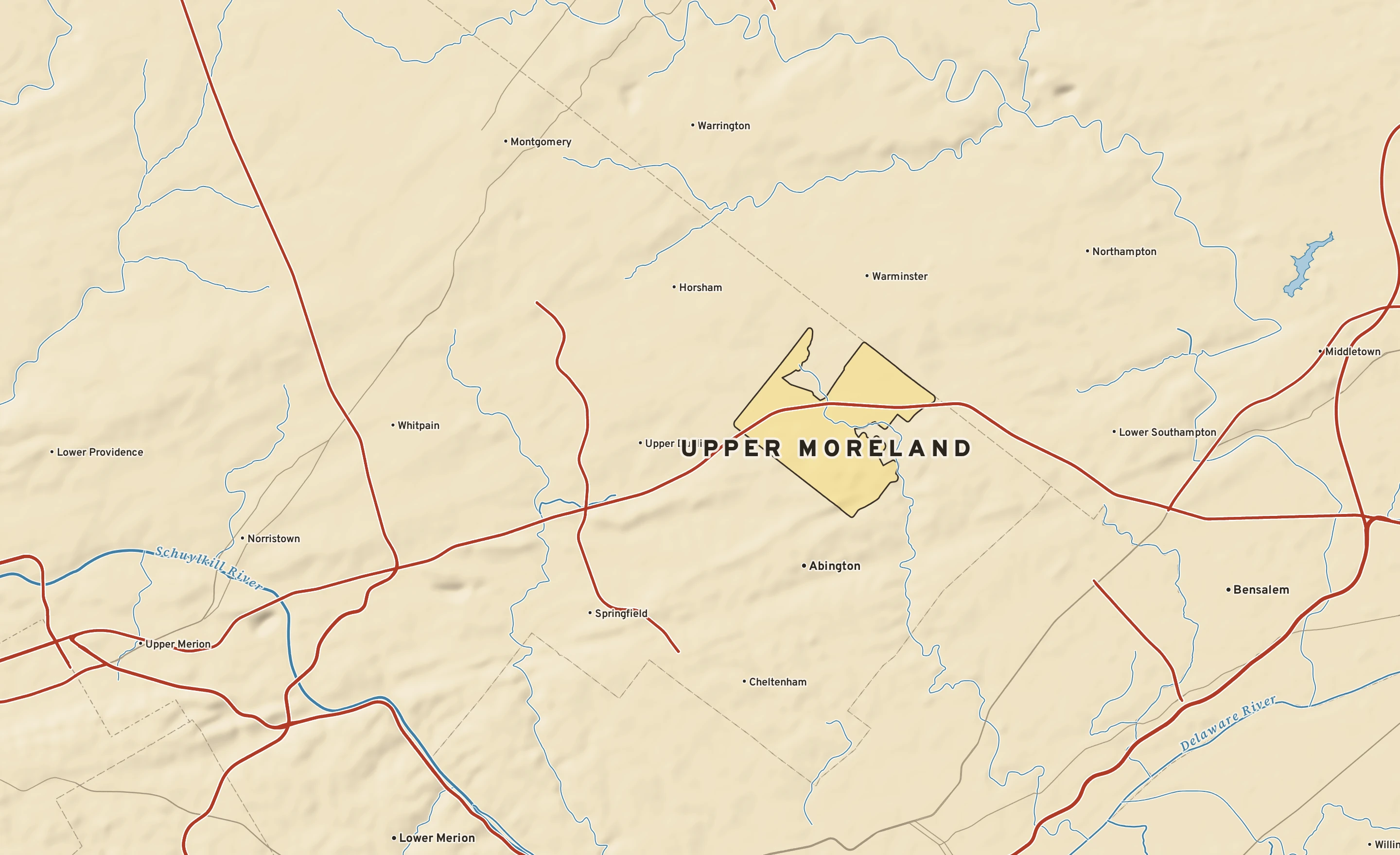 Shaded-relief atlas plate of Upper Moreland, Pennsylvania: rivers, roads, the city limits and where the water drains.