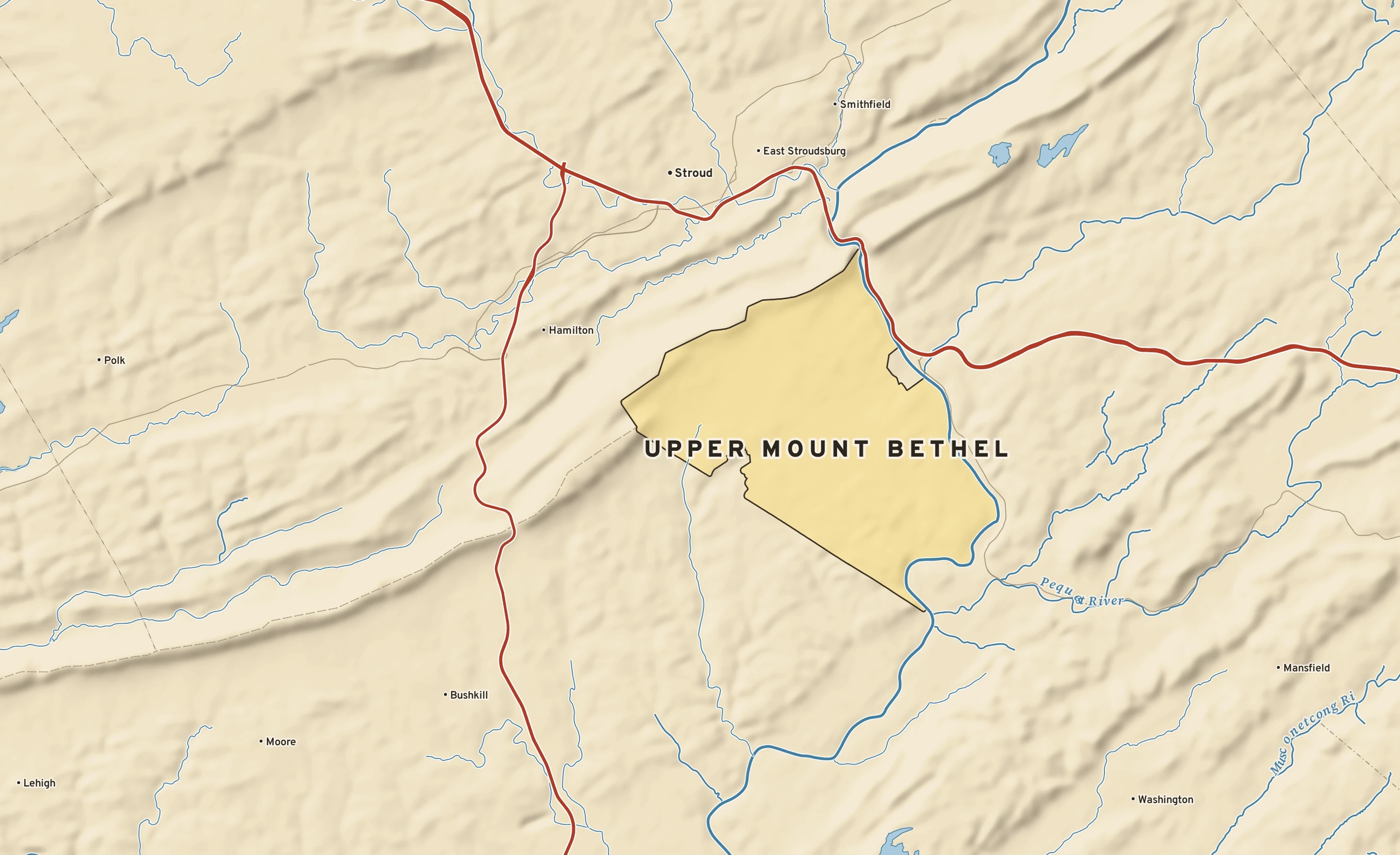 Shaded-relief atlas plate of Upper Mount Bethel, Pennsylvania: rivers, roads, the city limits and where the water drains.