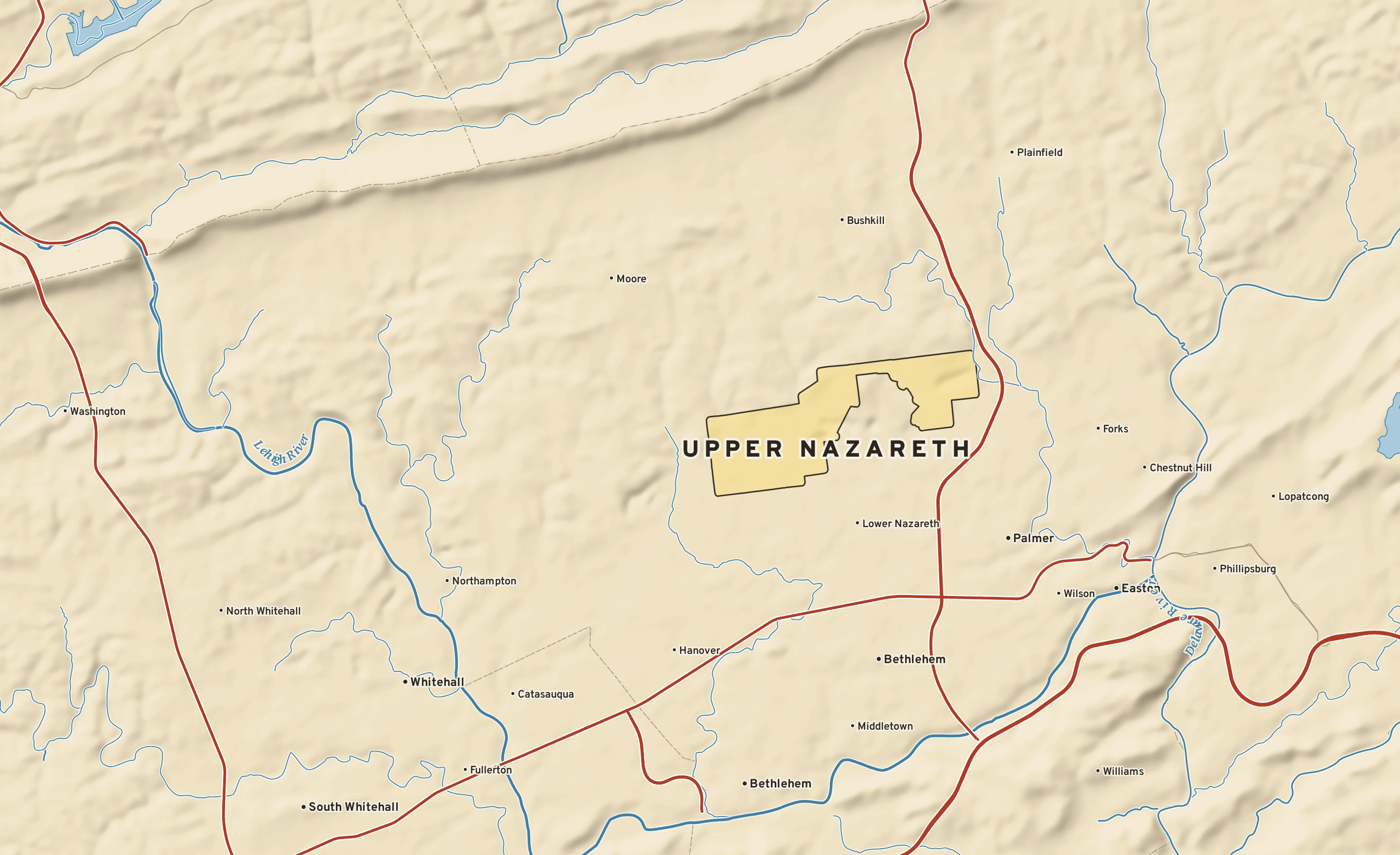 Shaded-relief atlas plate of Upper Nazareth, Pennsylvania: rivers, roads, the city limits and where the water drains.