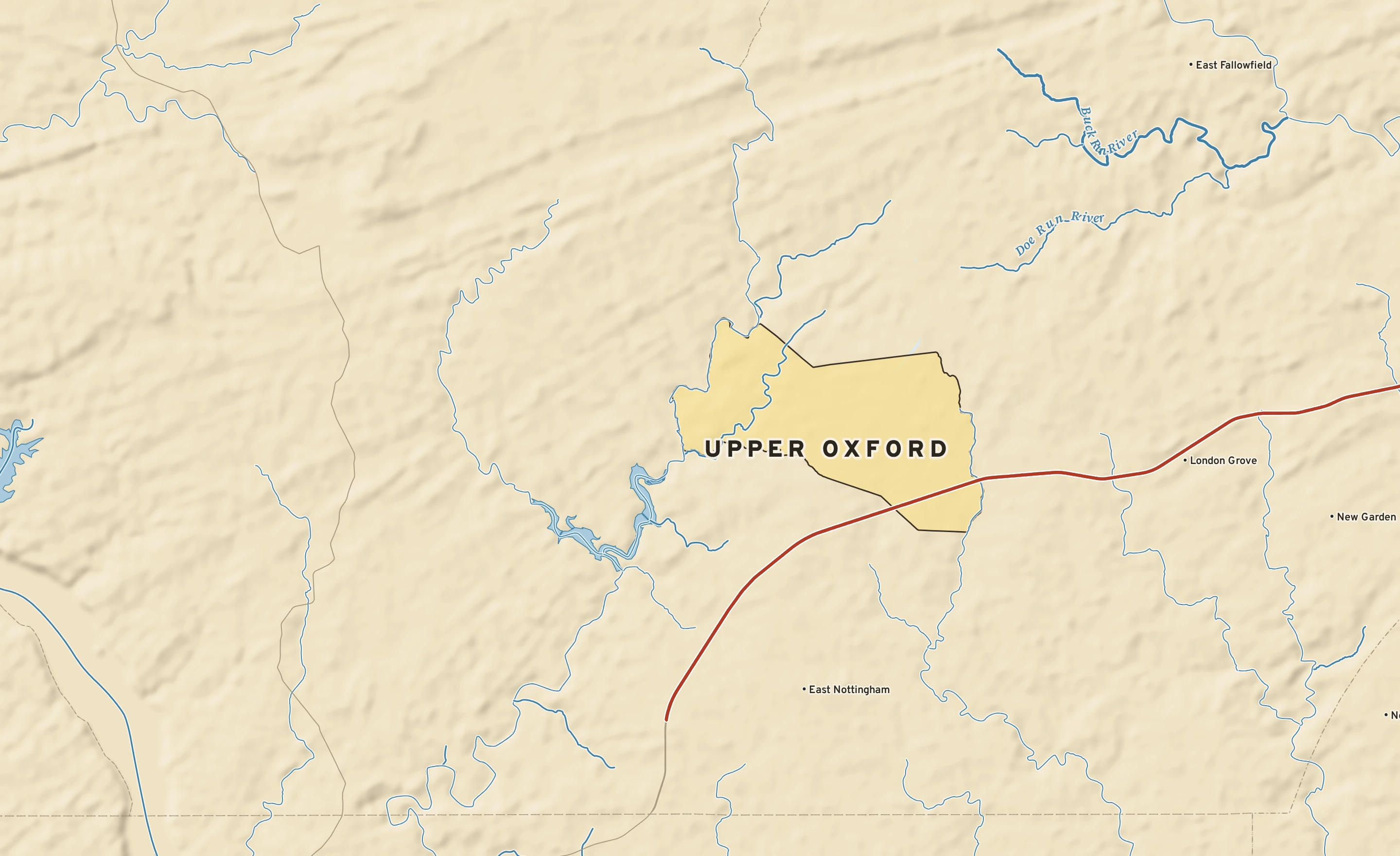 Shaded-relief atlas plate of Upper Oxford, Pennsylvania: rivers, roads, the city limits and where the water drains.