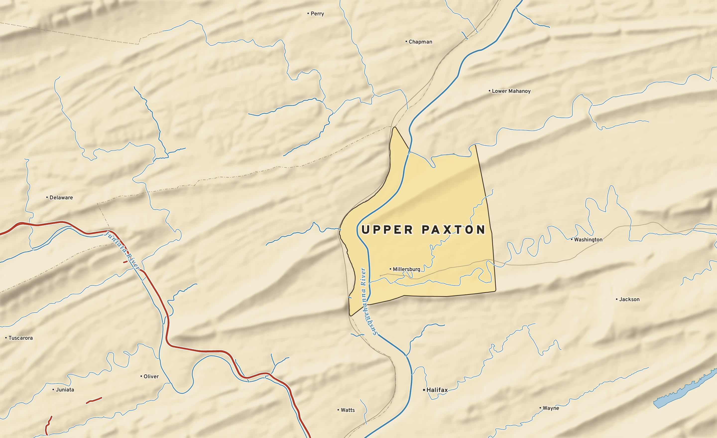 Shaded-relief atlas plate of Upper Paxton, Pennsylvania: rivers, roads, the city limits and where the water drains.
