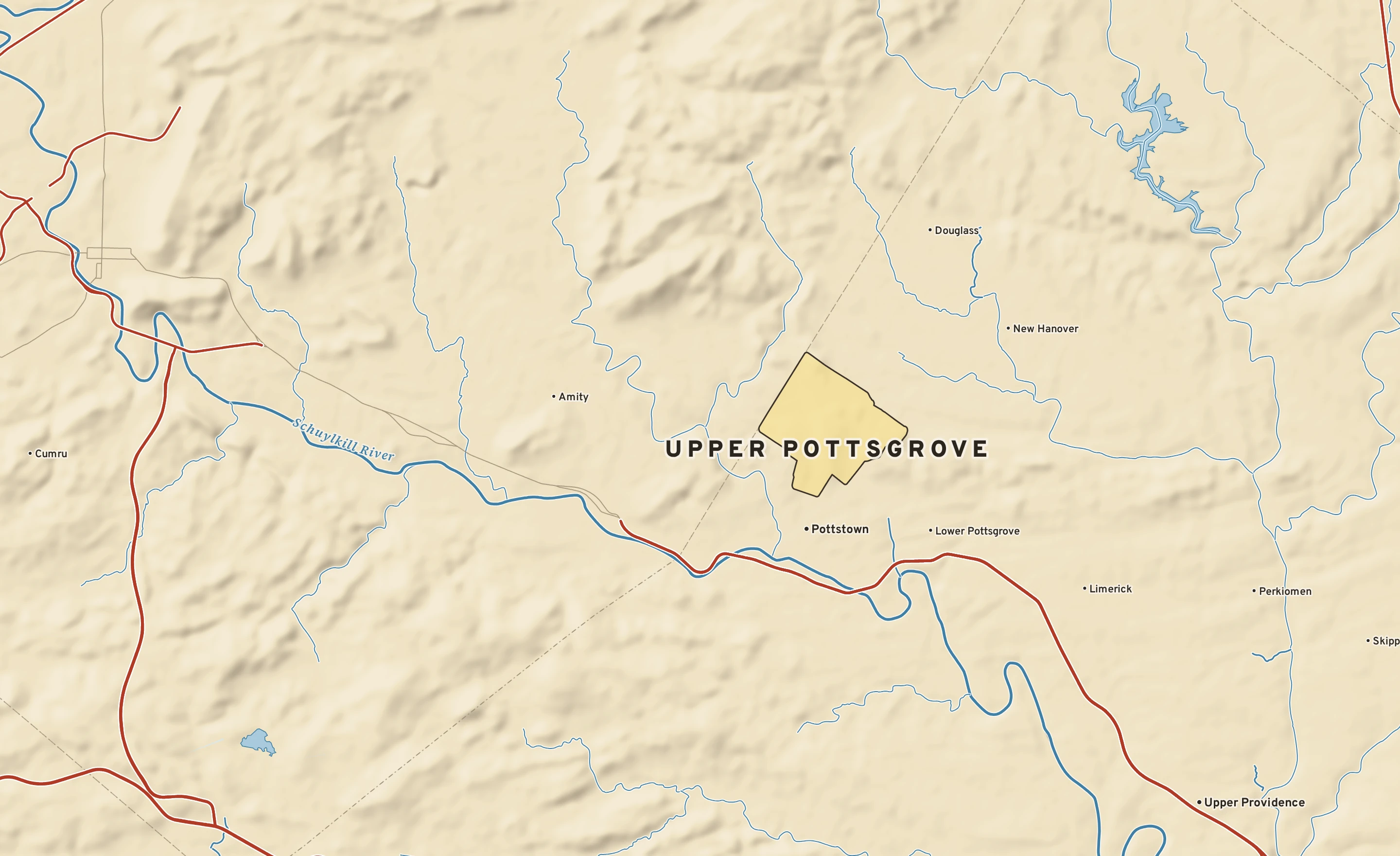 Shaded-relief atlas plate of Upper Pottsgrove, Pennsylvania: rivers, roads, the city limits and where the water drains.