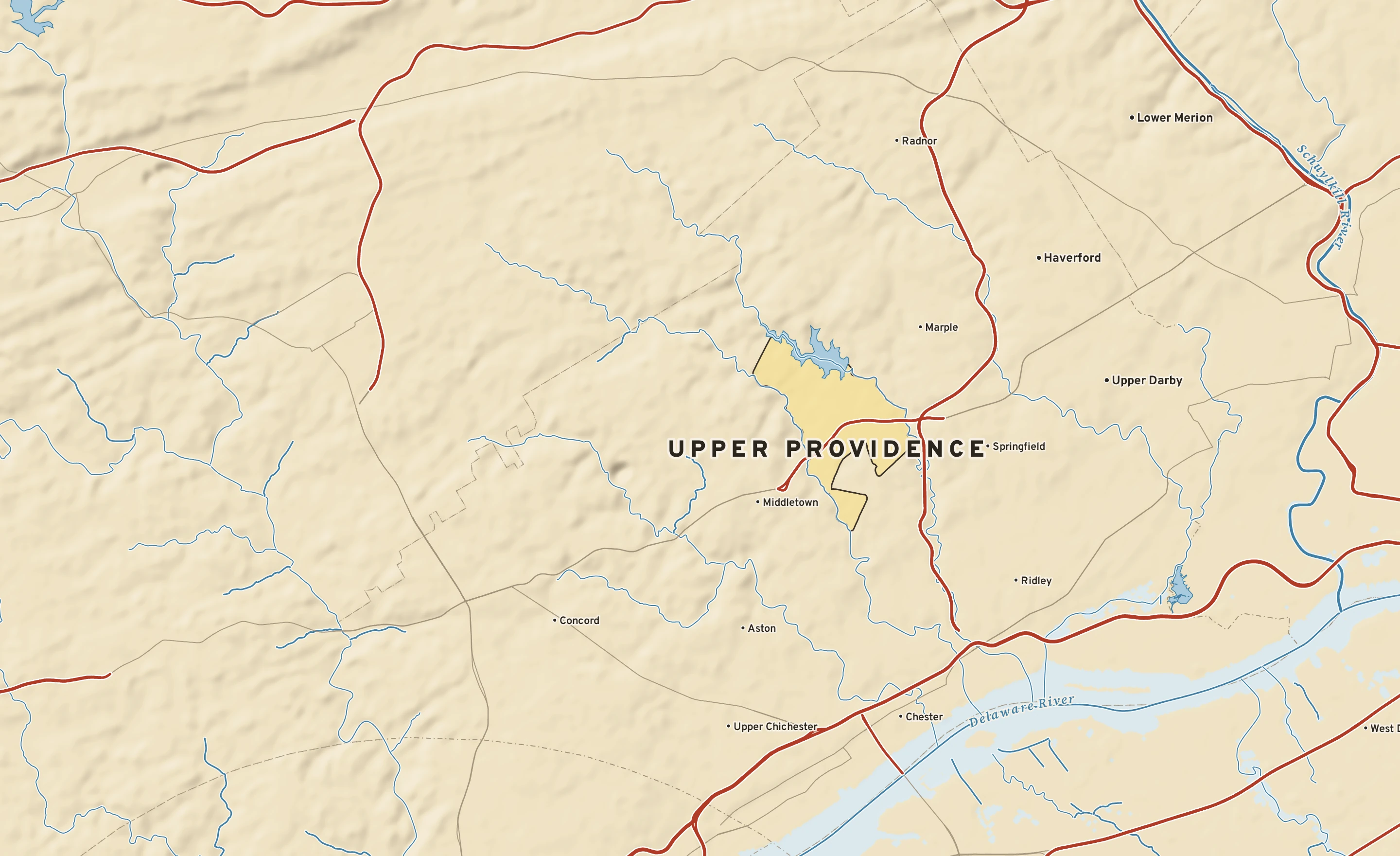 Shaded-relief atlas plate of Upper Providence, Pennsylvania: rivers, roads, the city limits and where the water drains.