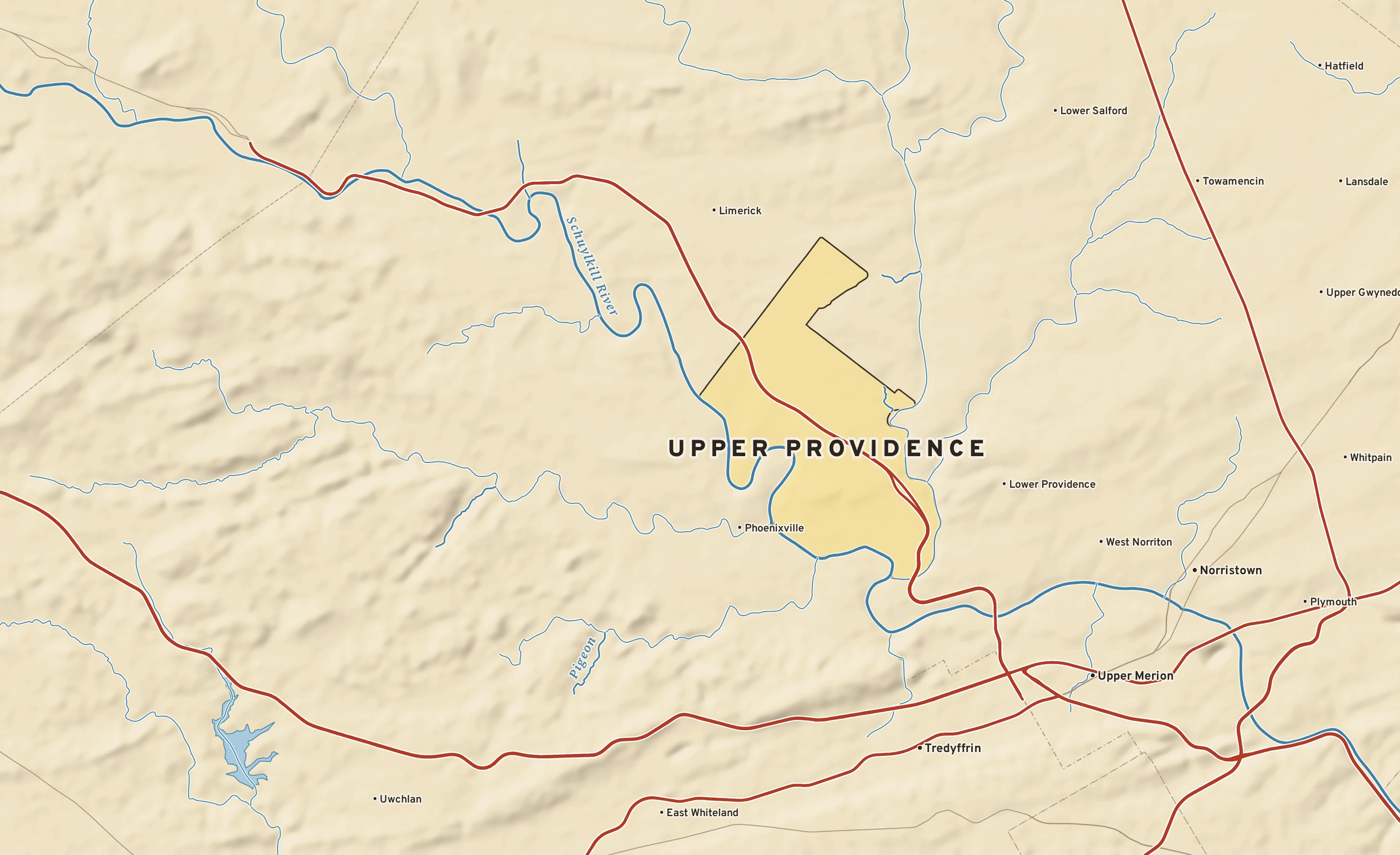 Shaded-relief atlas plate of Upper Providence, Pennsylvania: rivers, roads, the city limits and where the water drains.