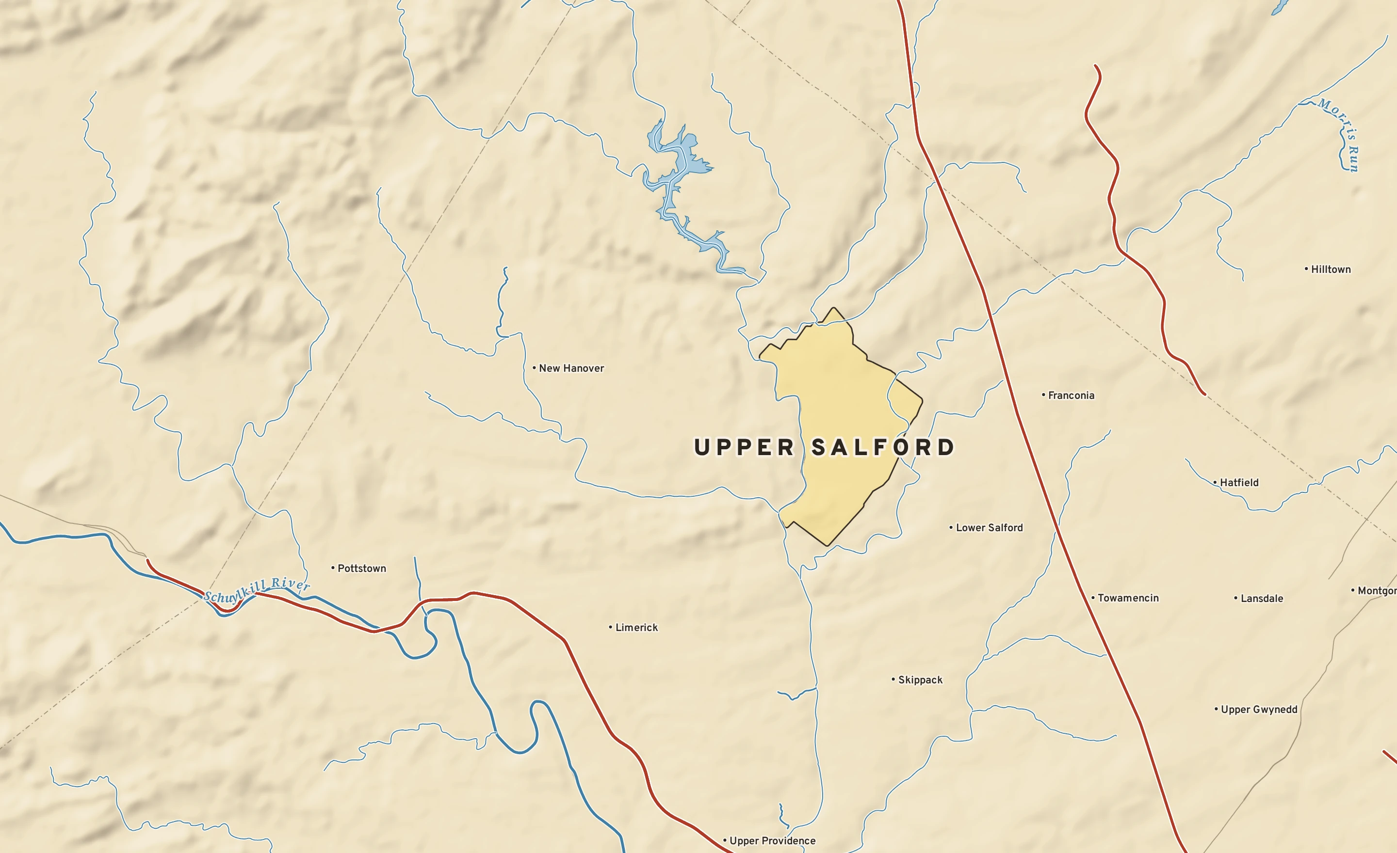 Shaded-relief atlas plate of Upper Salford, Pennsylvania: rivers, roads, the city limits and where the water drains.
