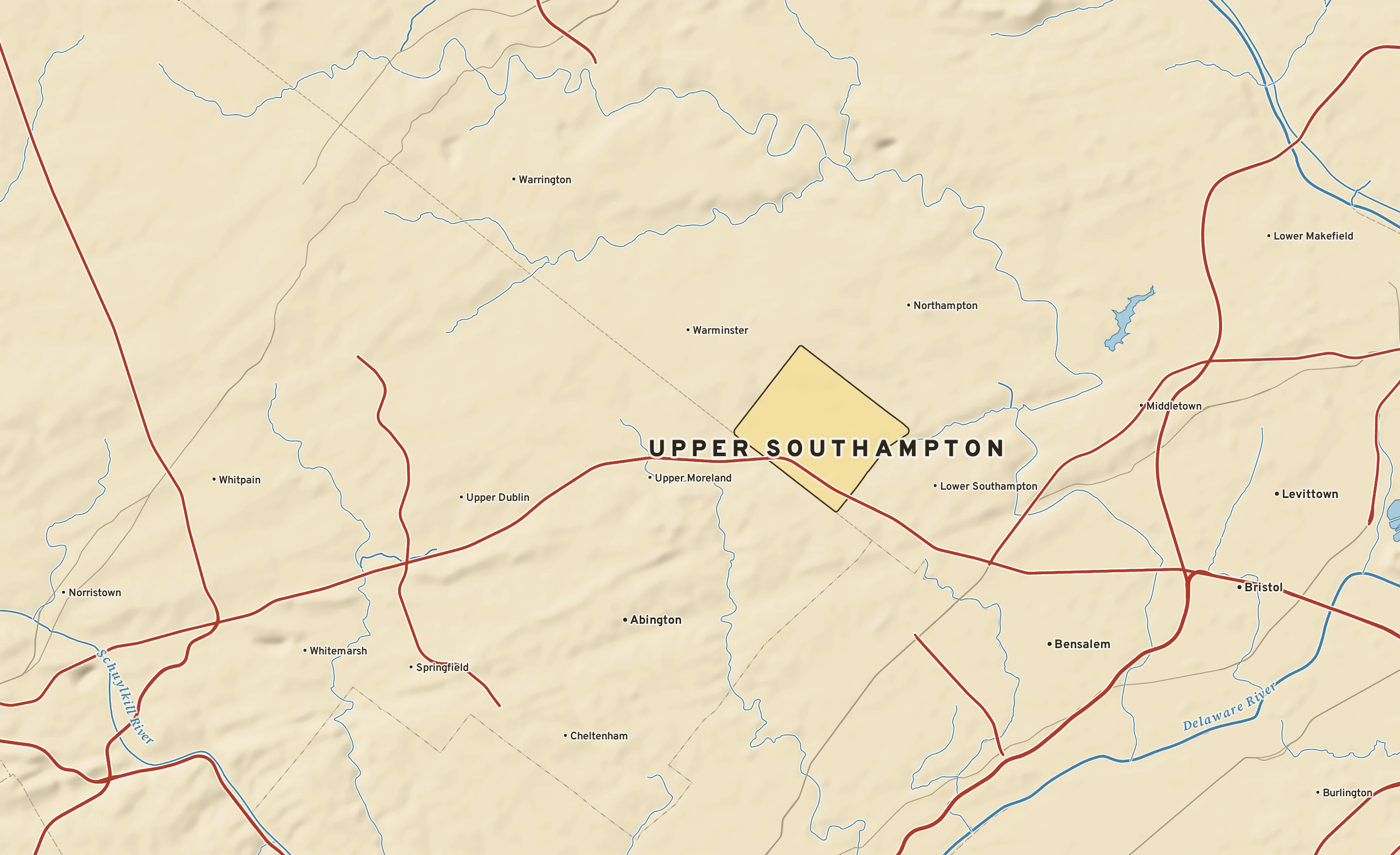 Shaded-relief atlas plate of Upper Southampton, Pennsylvania: rivers, roads, the city limits and where the water drains.