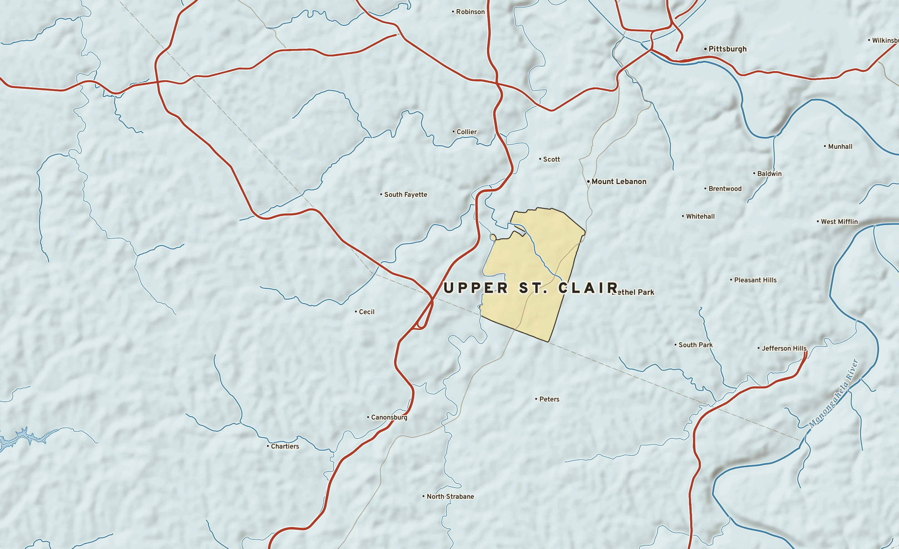 Shaded-relief atlas plate of Upper St. Clair, Pennsylvania: rivers, roads, the city limits and where the water drains.