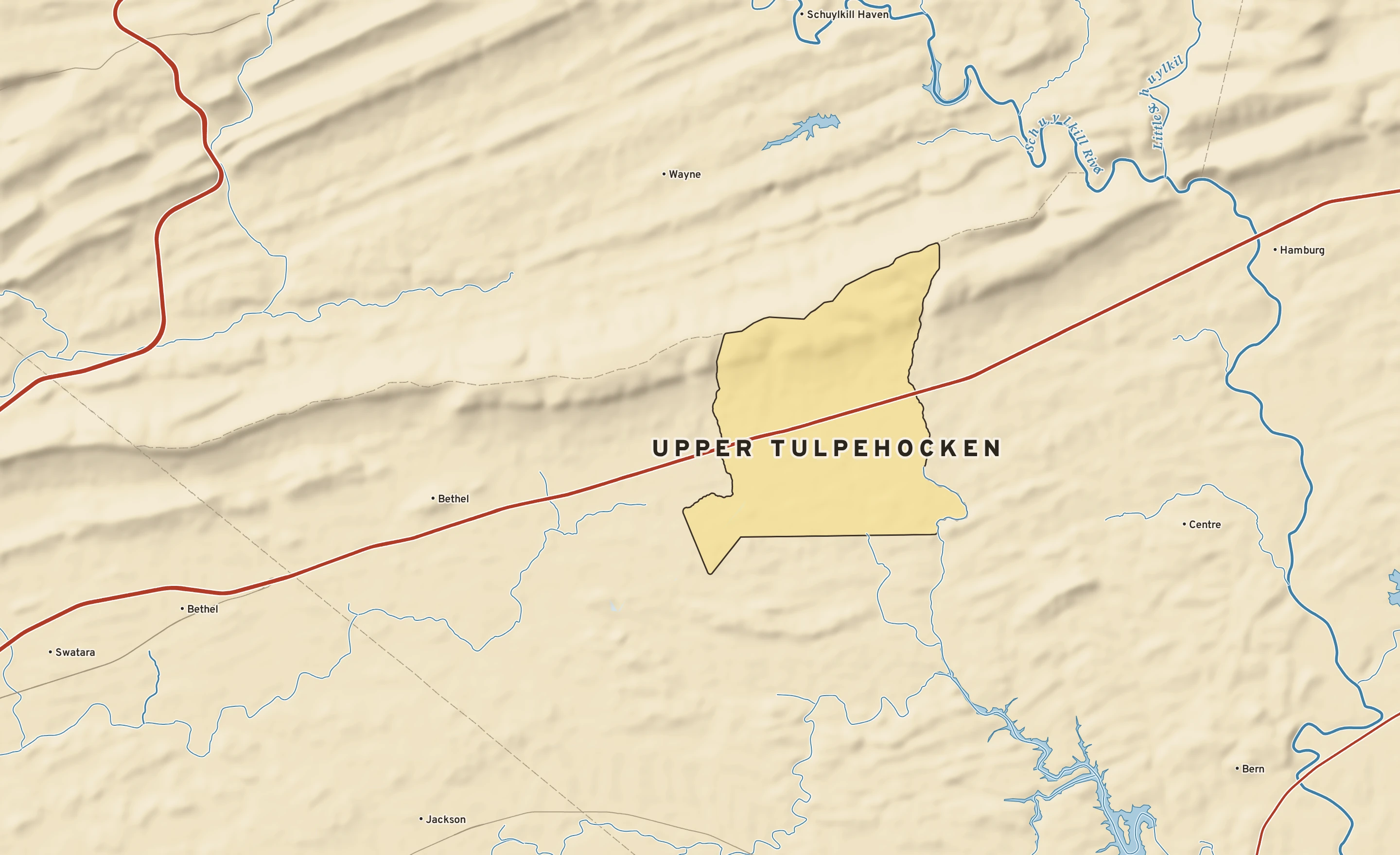 Shaded-relief atlas plate of Upper Tulpehocken, Pennsylvania: rivers, roads, the city limits and where the water drains.
