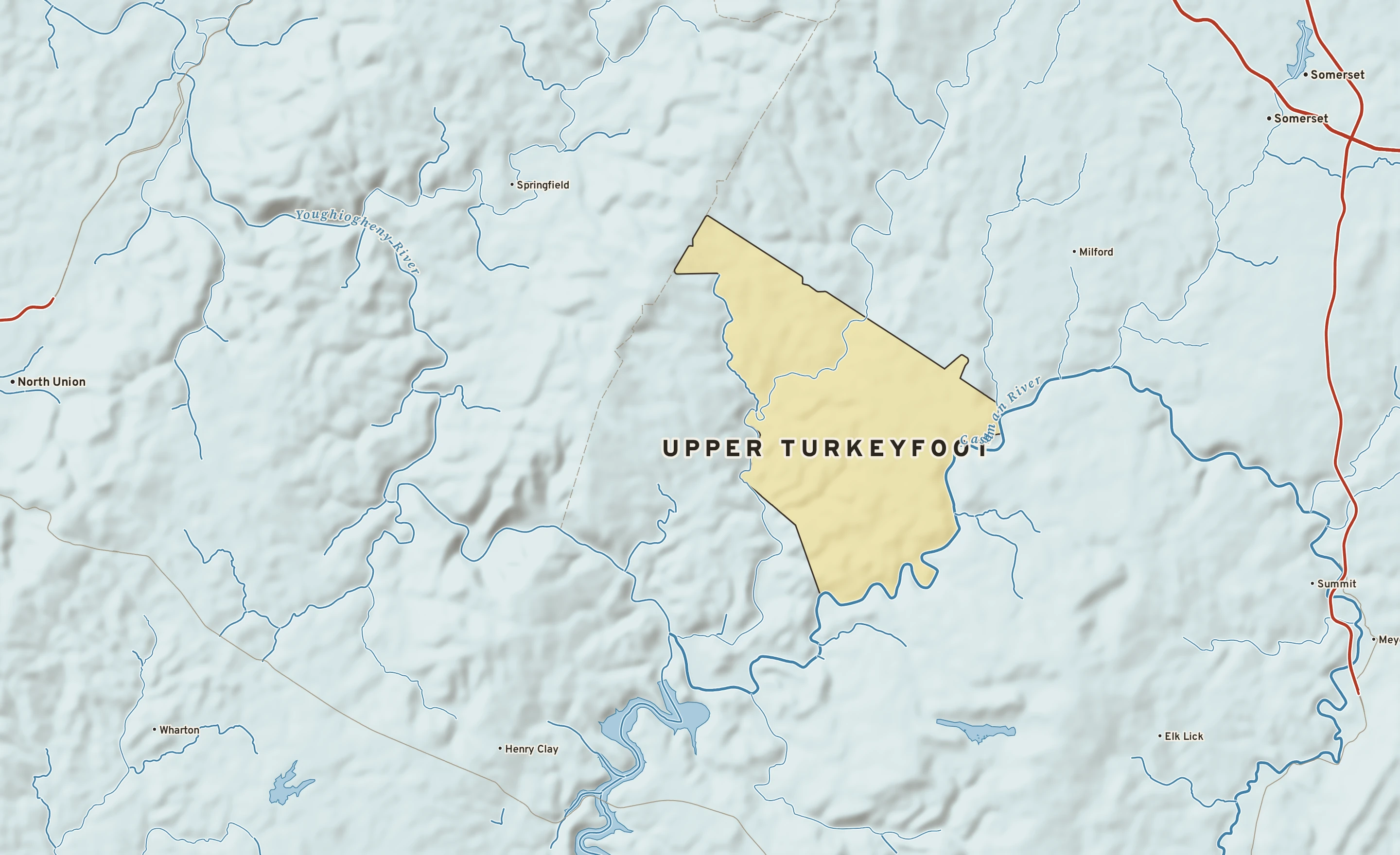 Shaded-relief atlas plate of Upper Turkeyfoot, Pennsylvania: rivers, roads, the city limits and where the water drains.