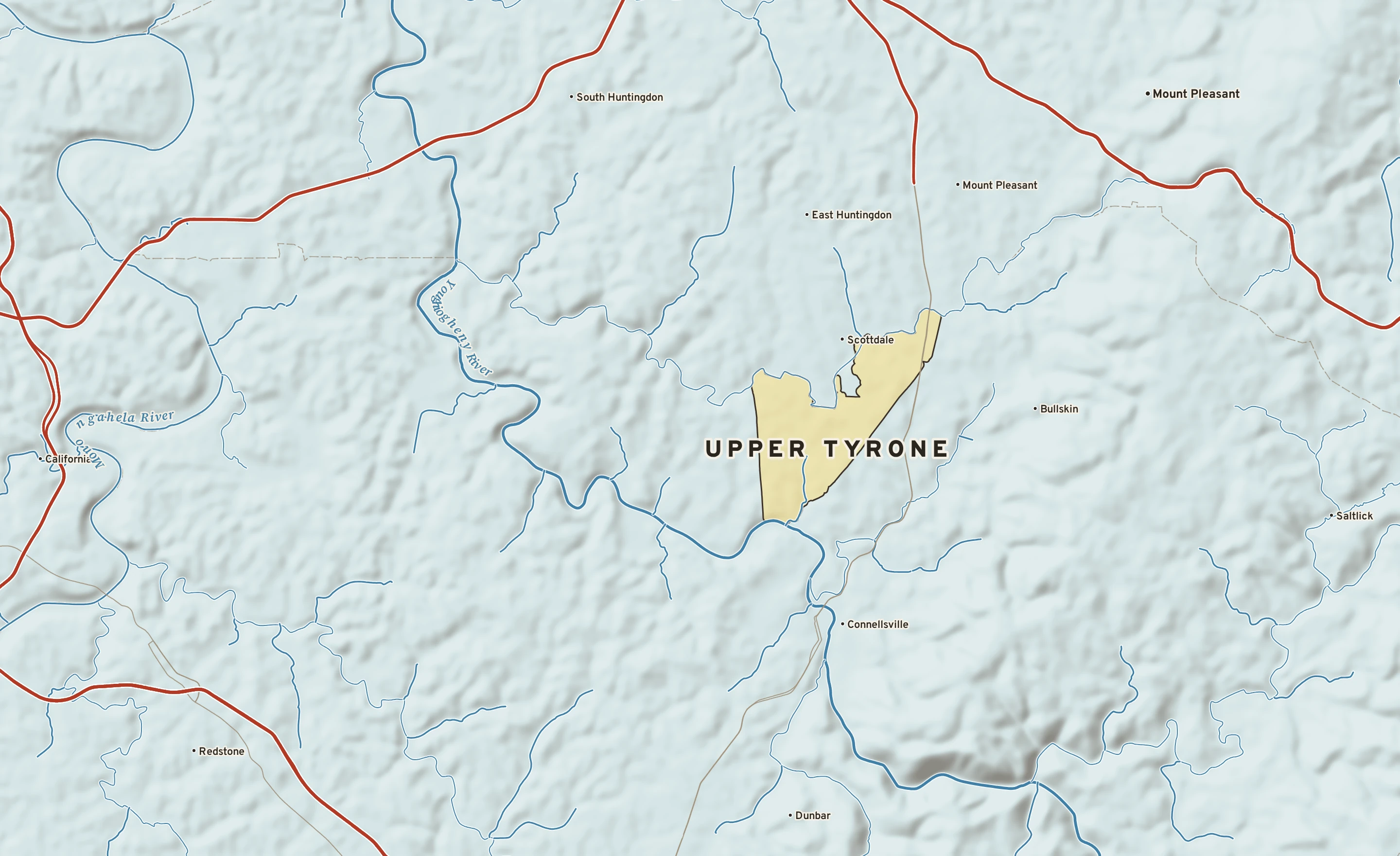 Shaded-relief atlas plate of Upper Tyrone, Pennsylvania: rivers, roads, the city limits and where the water drains.