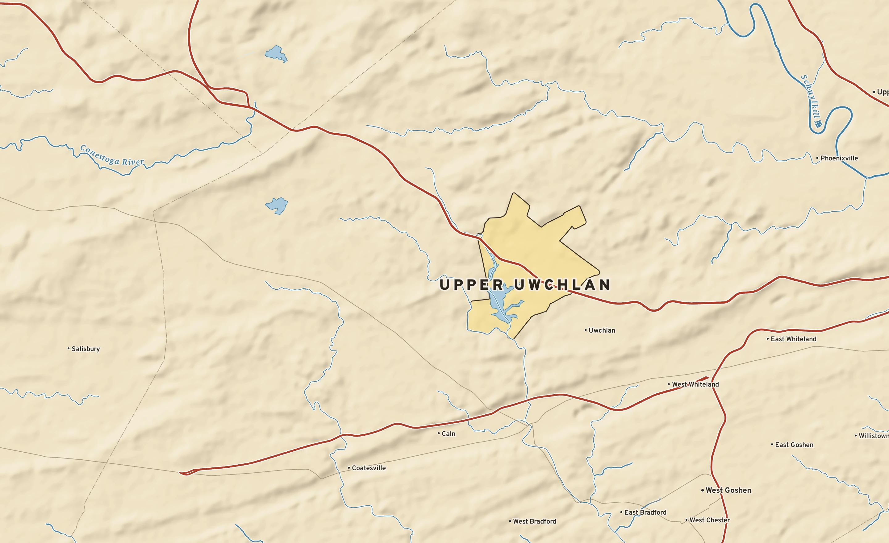 Shaded-relief atlas plate of Upper Uwchlan, Pennsylvania: rivers, roads, the city limits and where the water drains.