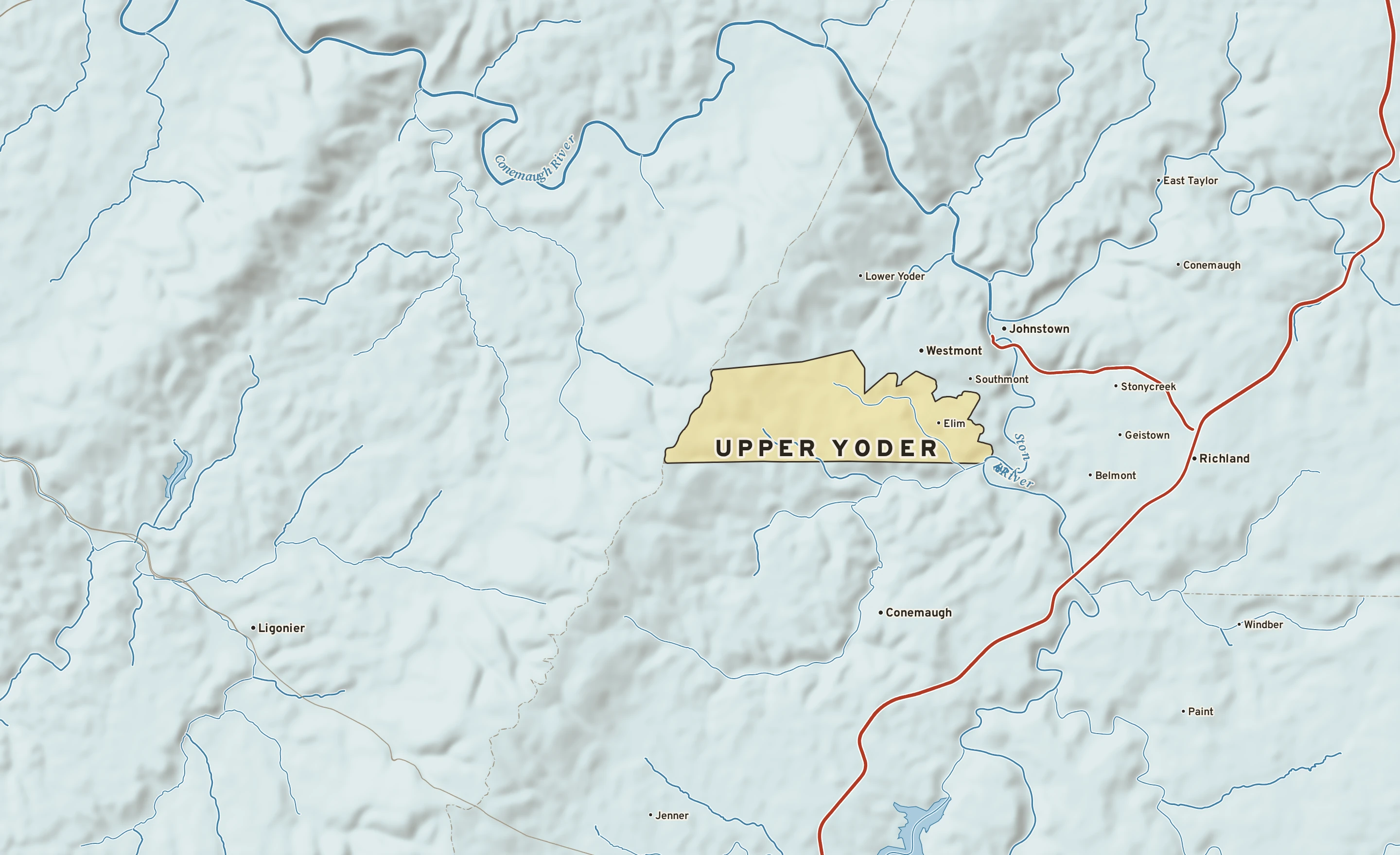Shaded-relief atlas plate of Upper Yoder, Pennsylvania: rivers, roads, the city limits and where the water drains.