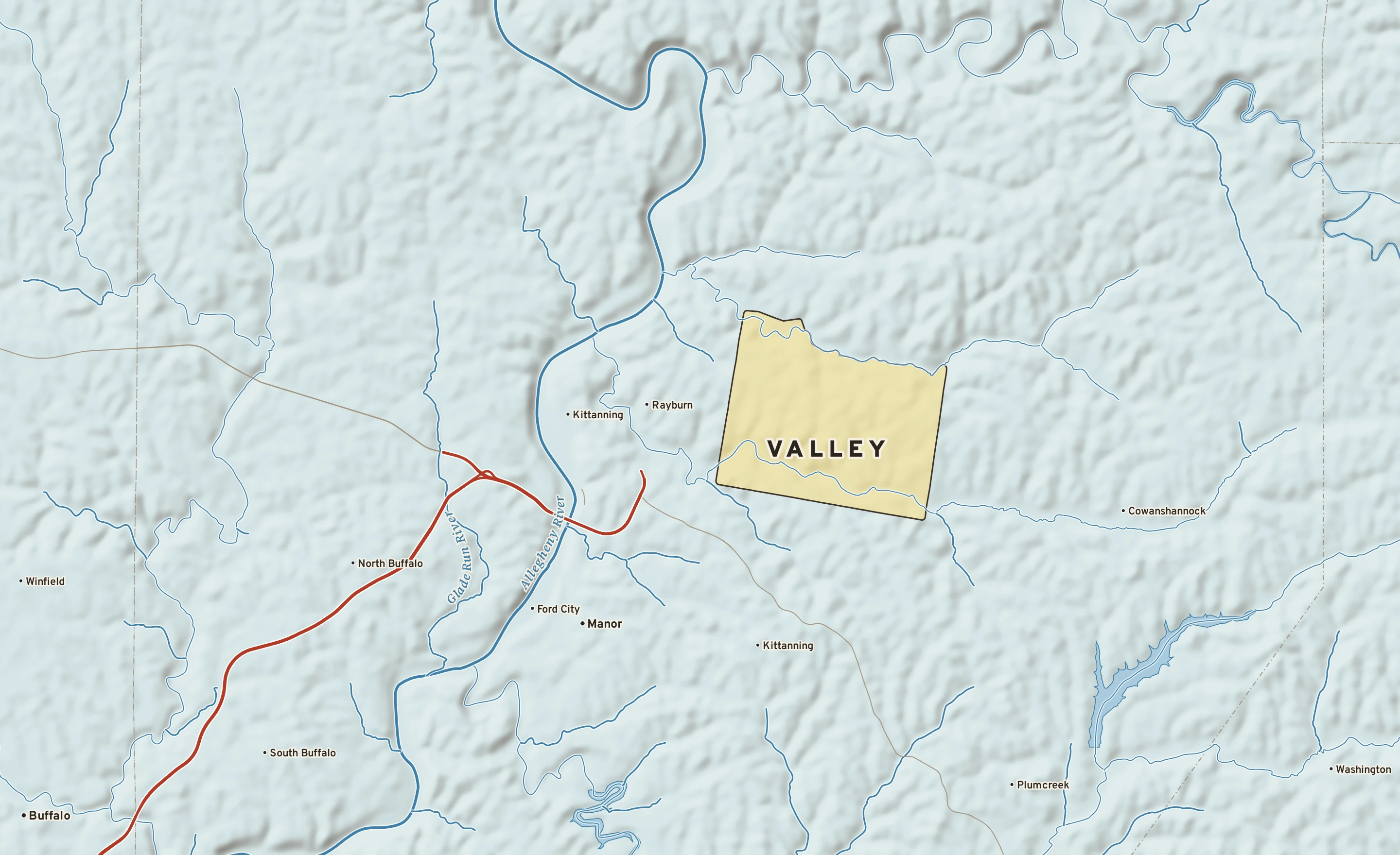 Shaded-relief atlas plate of Valley, Pennsylvania: rivers, roads, the city limits and where the water drains.